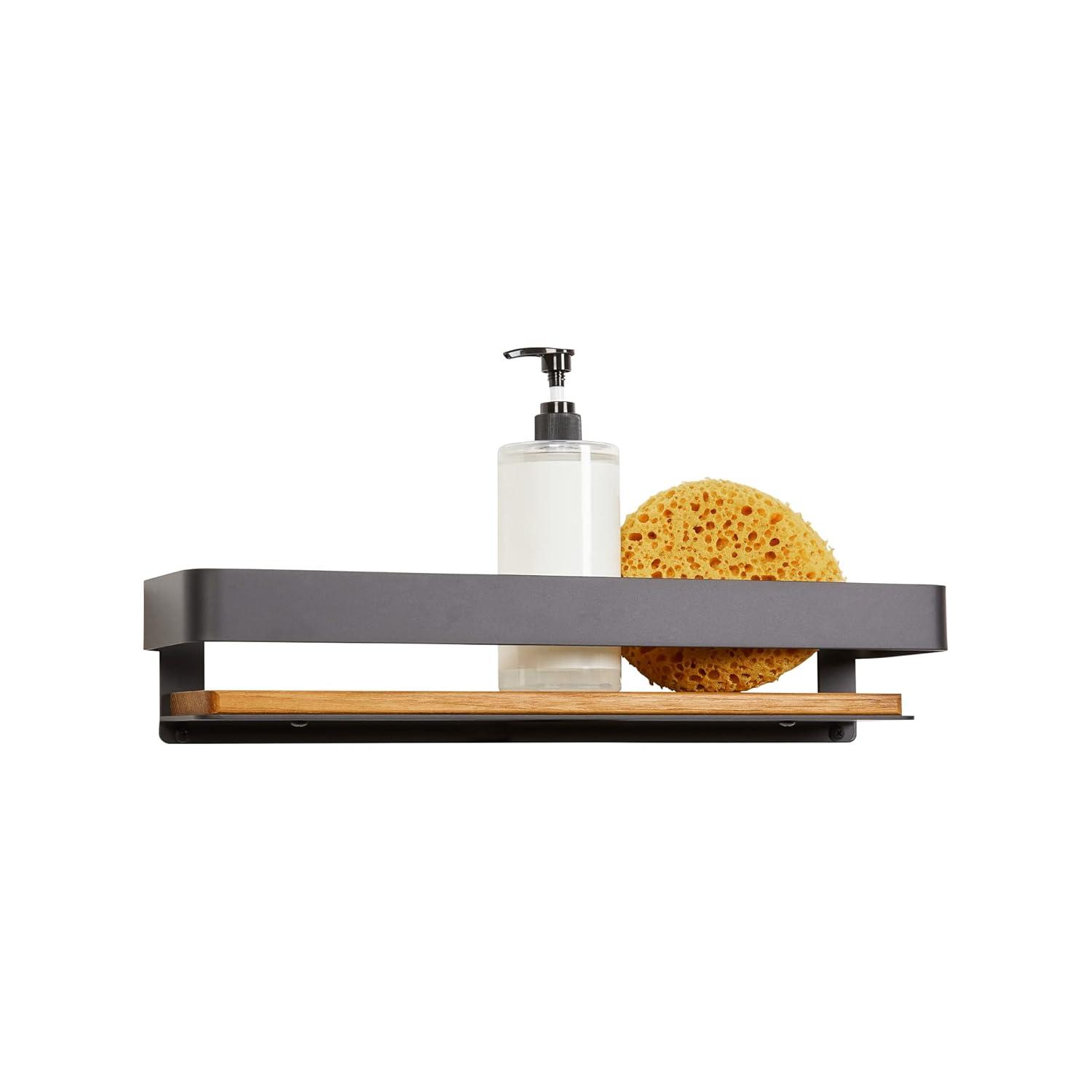 18 in. x 4 in. Rectangular Shower Shelf with Rail in Matte Black and Natural Teak Wood Insert
