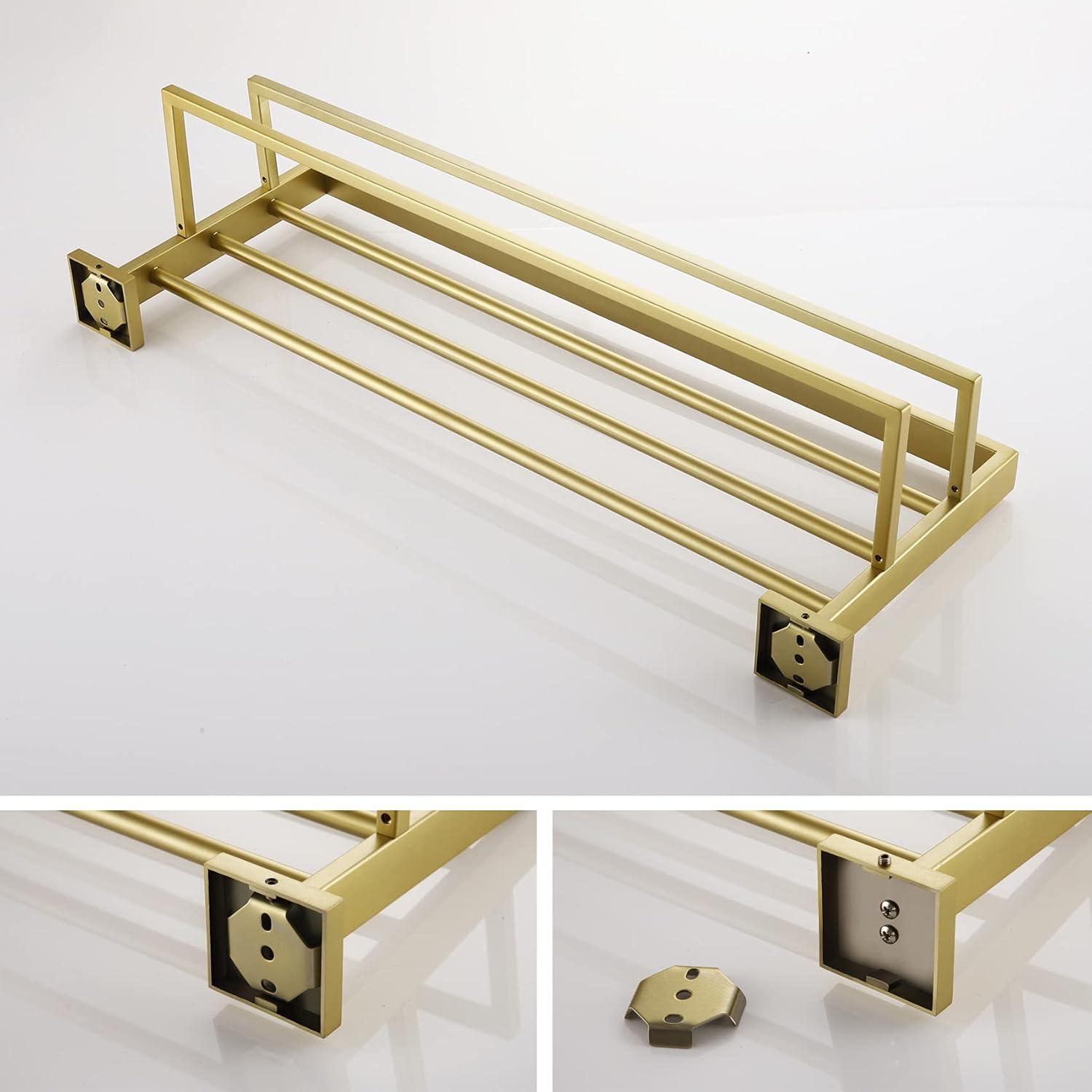 Brushed Gold Wall Mounted Double Towel Rack with Shelf