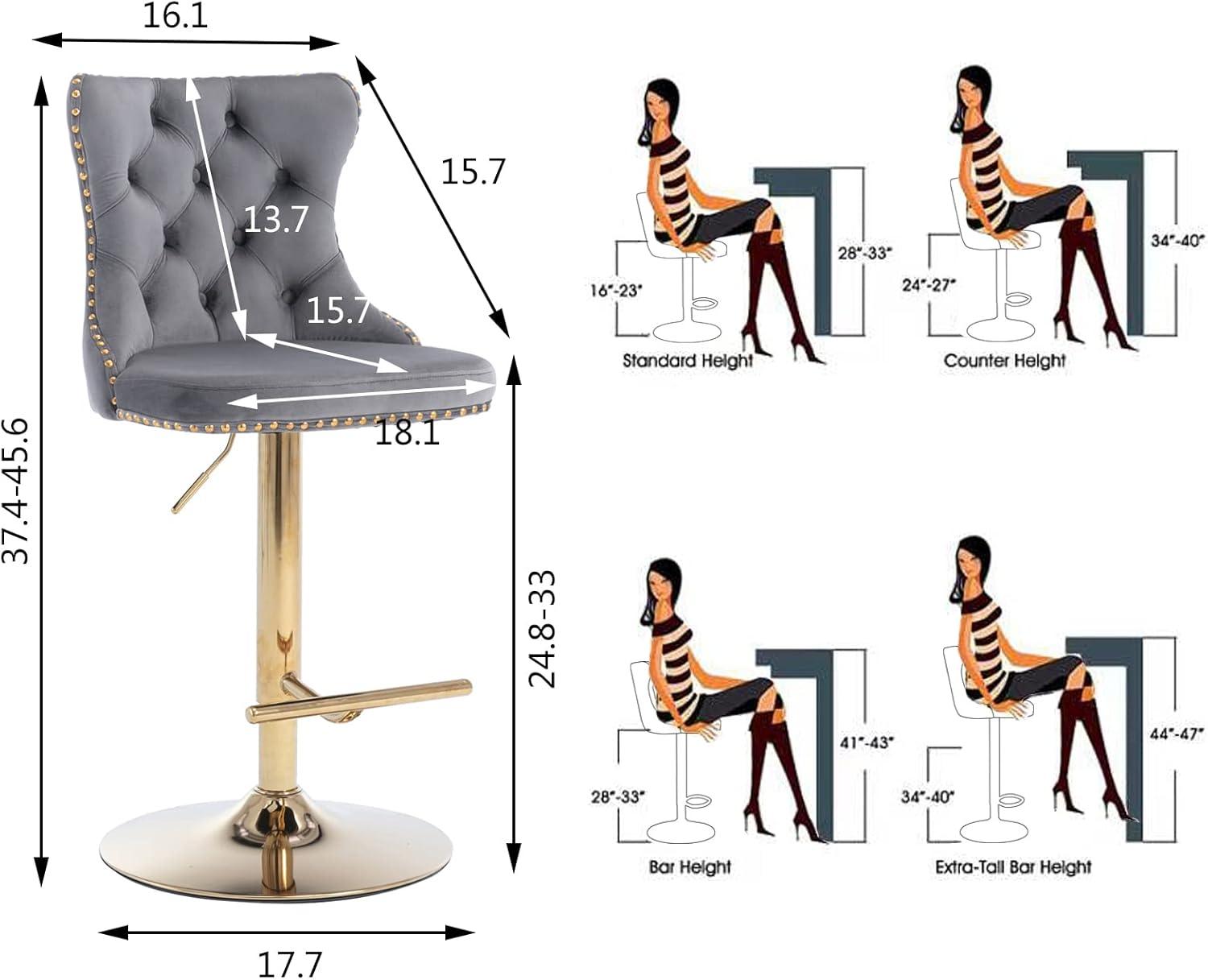 Grey Velvet Swivel Bar Stools Set of 2 with Upholstered Back, Adjustable Counter Height Barstools, Bar Chairs for Home Bar Kitchen Island Pub Restaurant (2 Pcs, Gray)