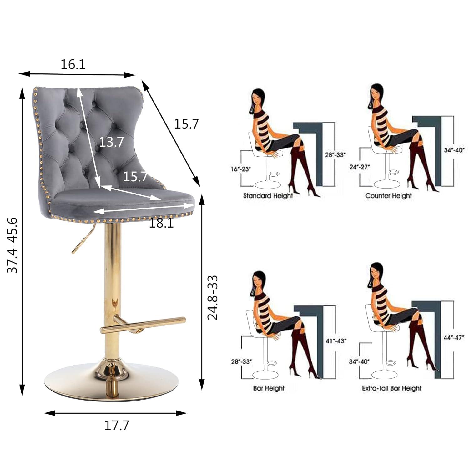 Grey Velvet Swivel Bar Stools Set of 2 with Upholstered Back, Adjustable Counter Height Barstools, Bar Chairs for Home Bar Kitchen Island Pub Restaurant (2 Pcs, Gray)