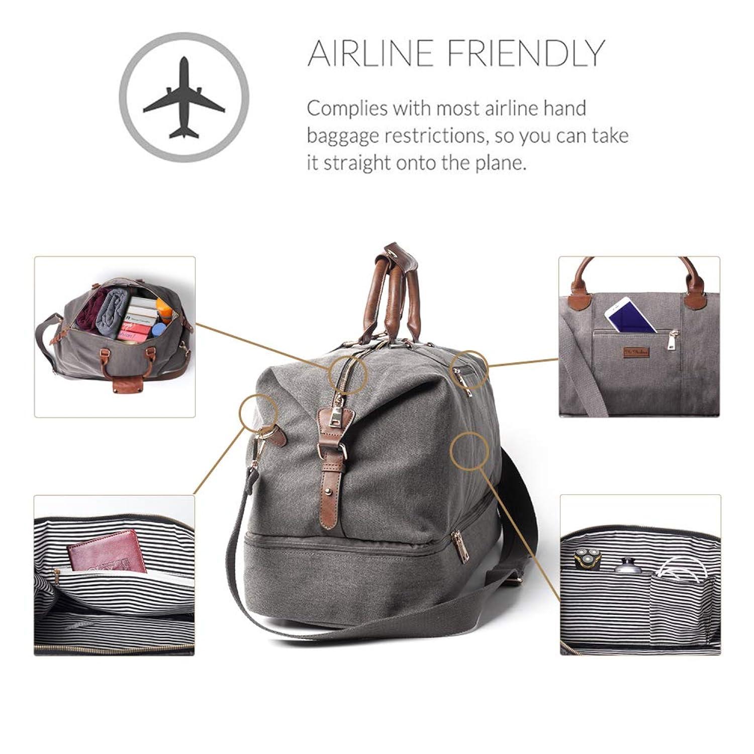 MyMealivos Canvas Weekender Bag, Overnight Travel Carry On Duffel Tote with Shoe Pouch (Grey)