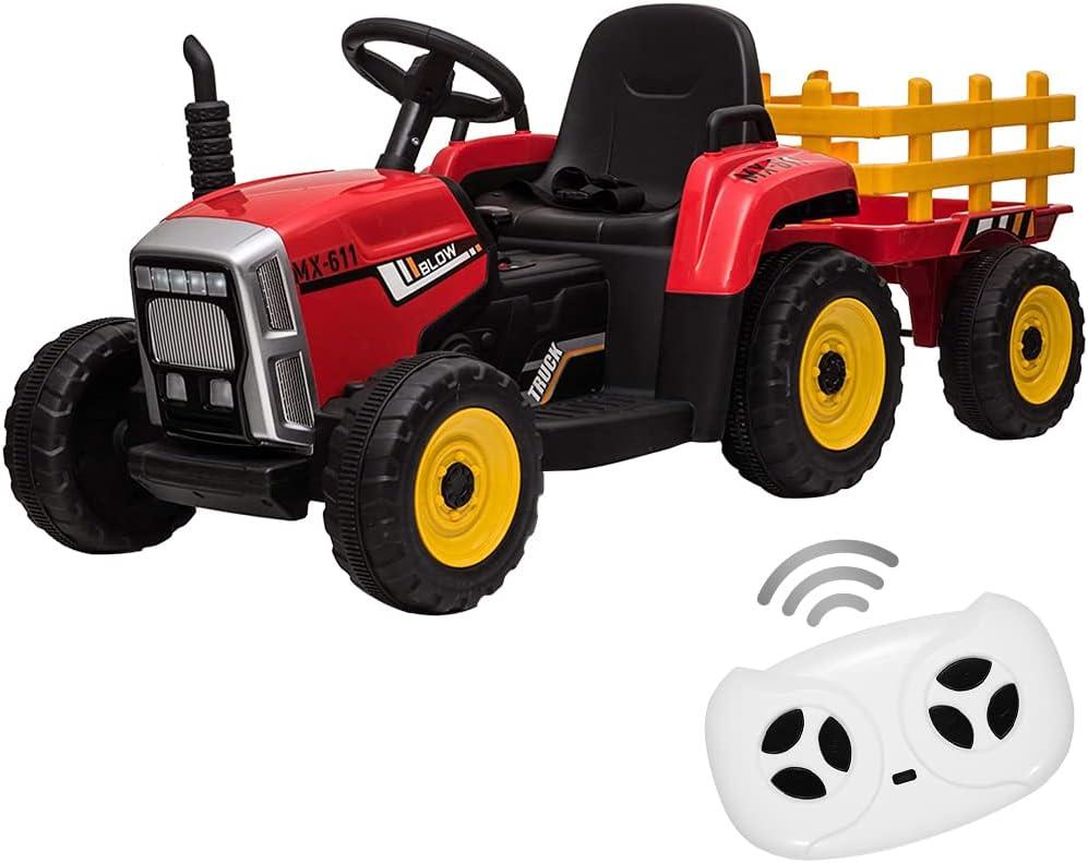 Kids Battery Powered Electric Tractor with Parent Remote Control & Trailer, Toddler 12V Ride On Toy with Dual Motors /2+1 Gear Shift/ 7-LED Lights/USB & Music Player,Red,25W/Treaded Tires