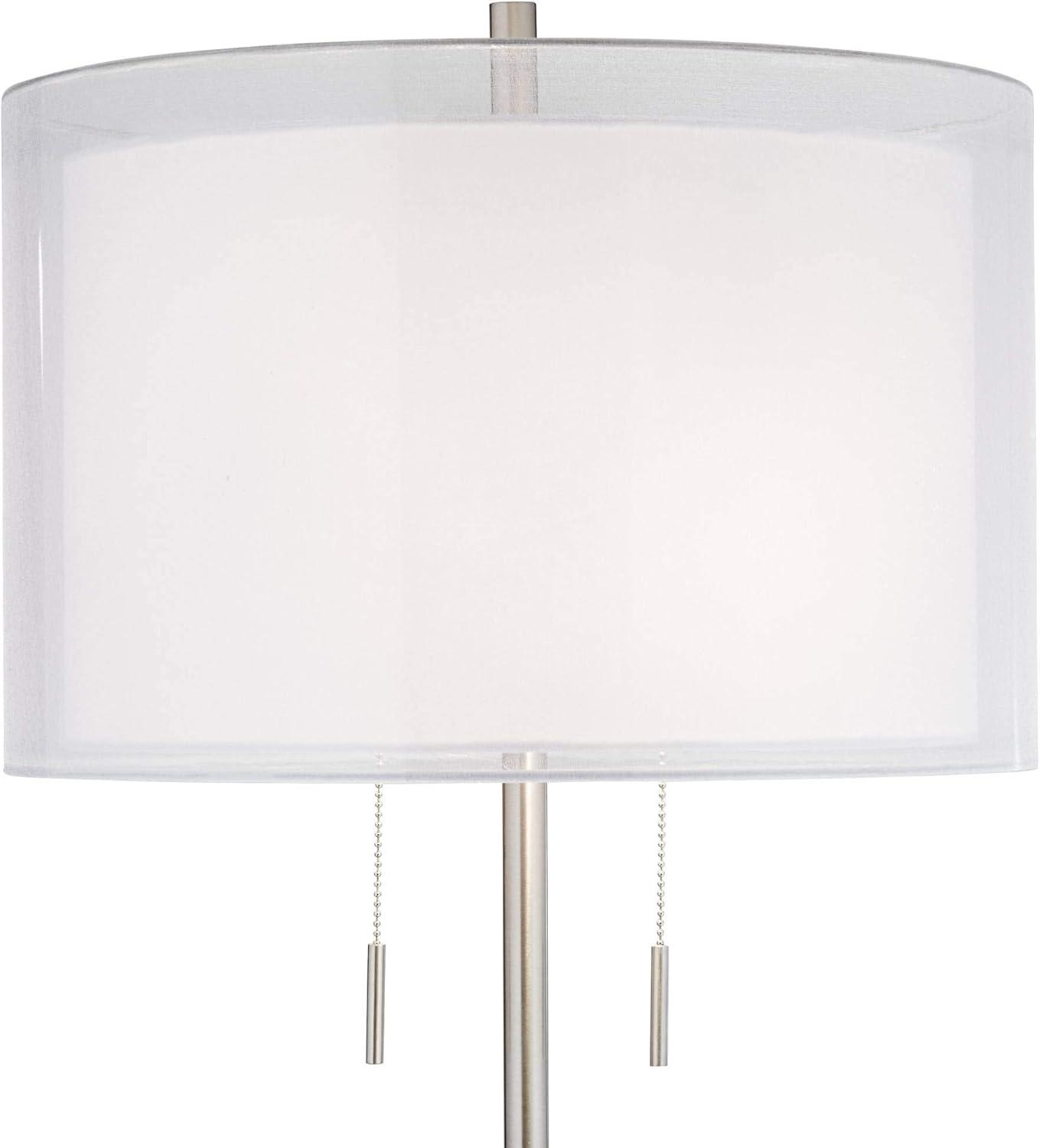 Possini Euro Design Roxie Modern Floor Lamp Standing 65 1/2" Tall Brushed Nickel Sheer Linen Double Drum Shade for Living Room Bedroom Office House