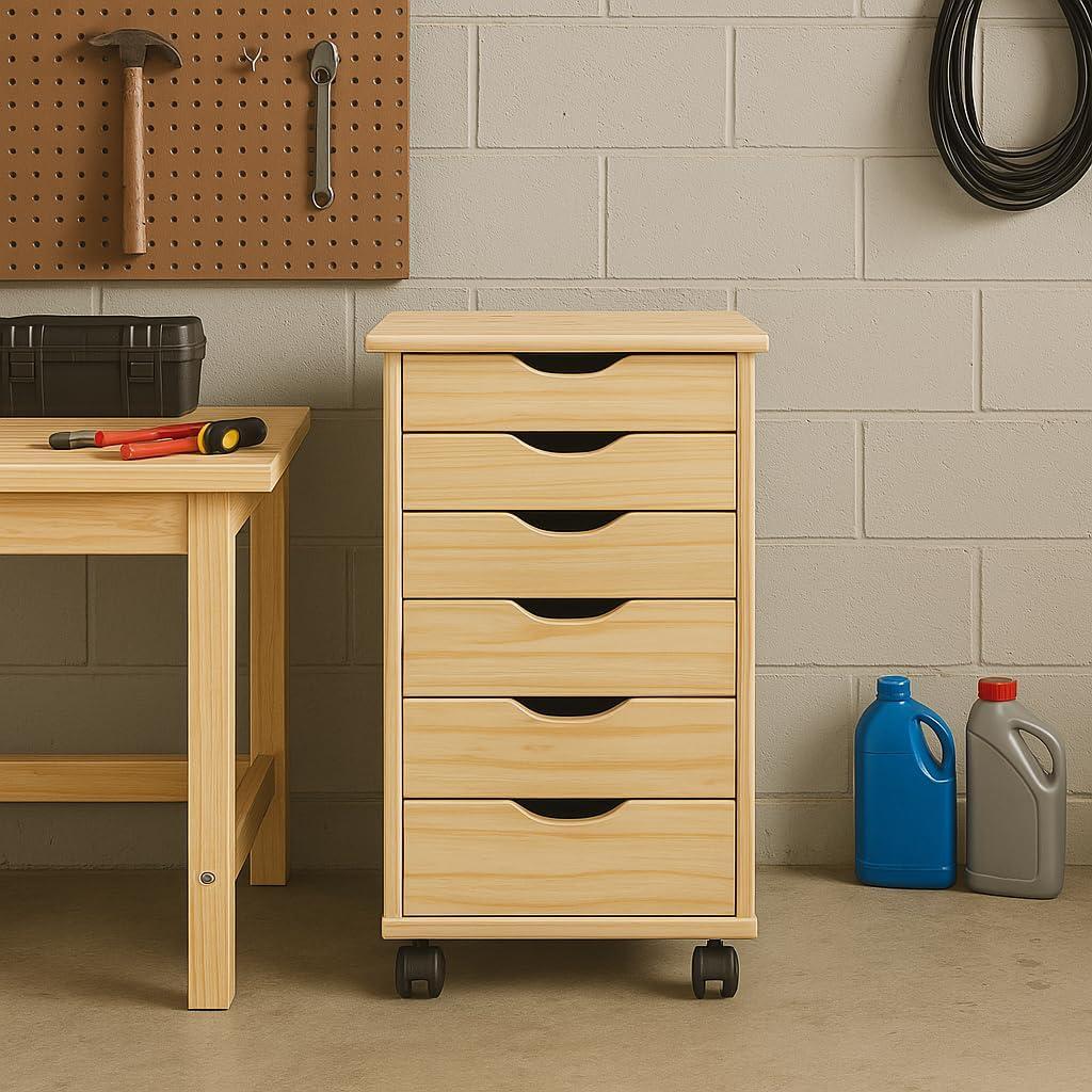 Jela Solid Wood 6 Drawer Roll Cart in Unfinished