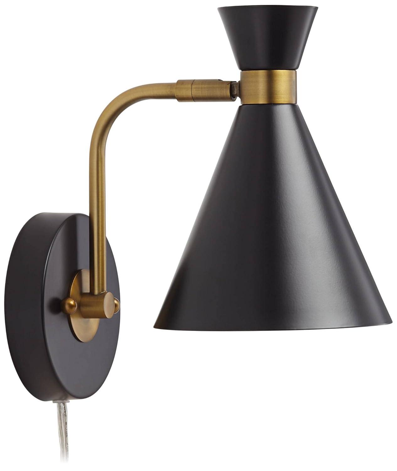 360 Lighting Venice Mid Century Modern Wall Lamps Set of 2 Matte Black Brass Plug-in 6 1/4" Light Fixture Cone Shade for Bedroom Reading Living Room