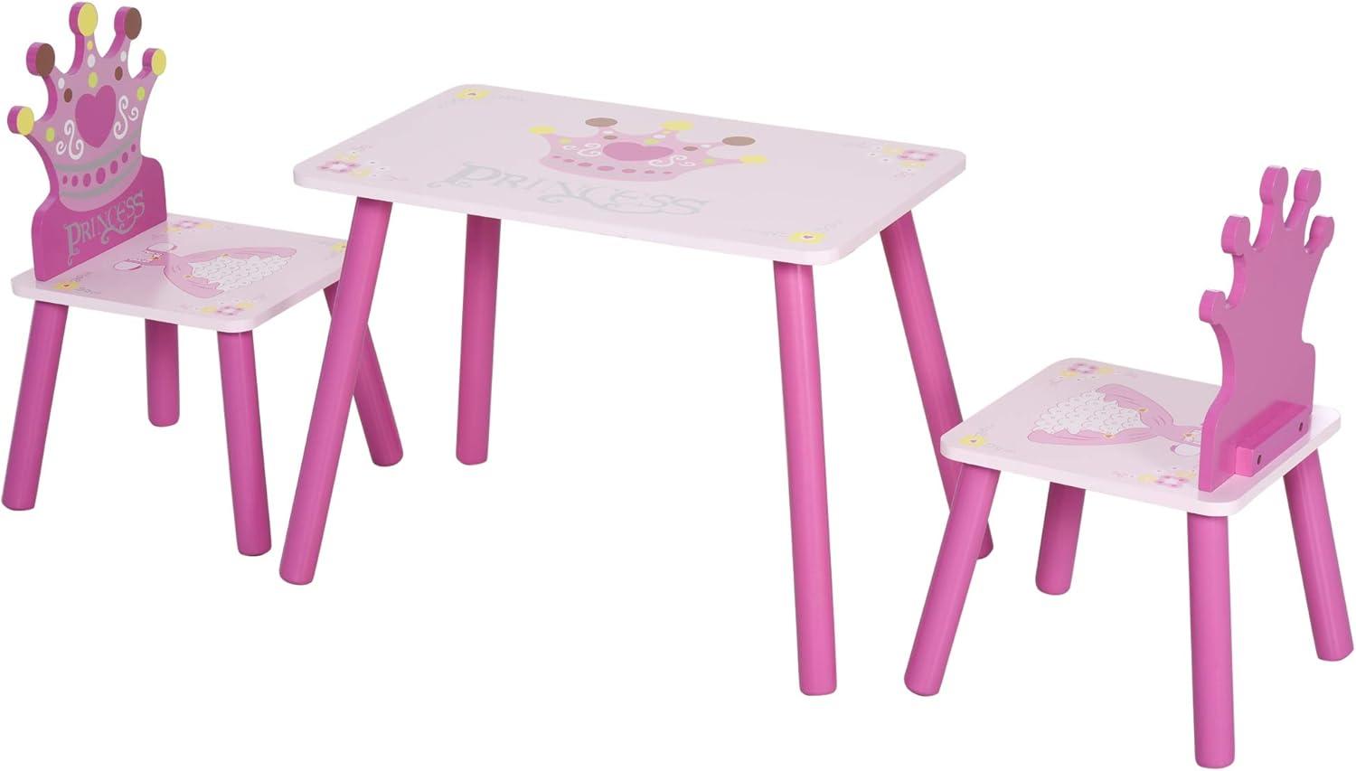 Qaba 3-Piece Kids Wooden Table and Chair Set with Crown Pattern Gift for Girls Toddlers Arts Reading Writing Age 2-4 Years Pink