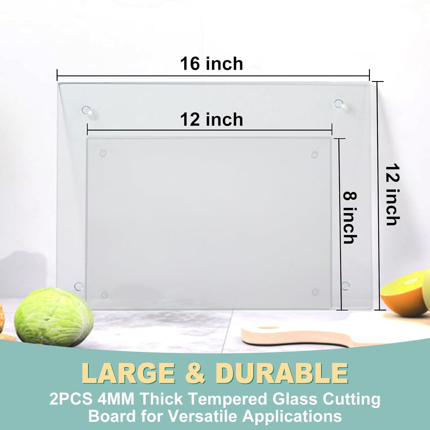 Tempered Glass Cutting Board for Kitchen, Clear Glass Board for Countertop, Heat Resistant, with Non-Slip Feet, 12x16" & 12x8" 2 Pcs Clear