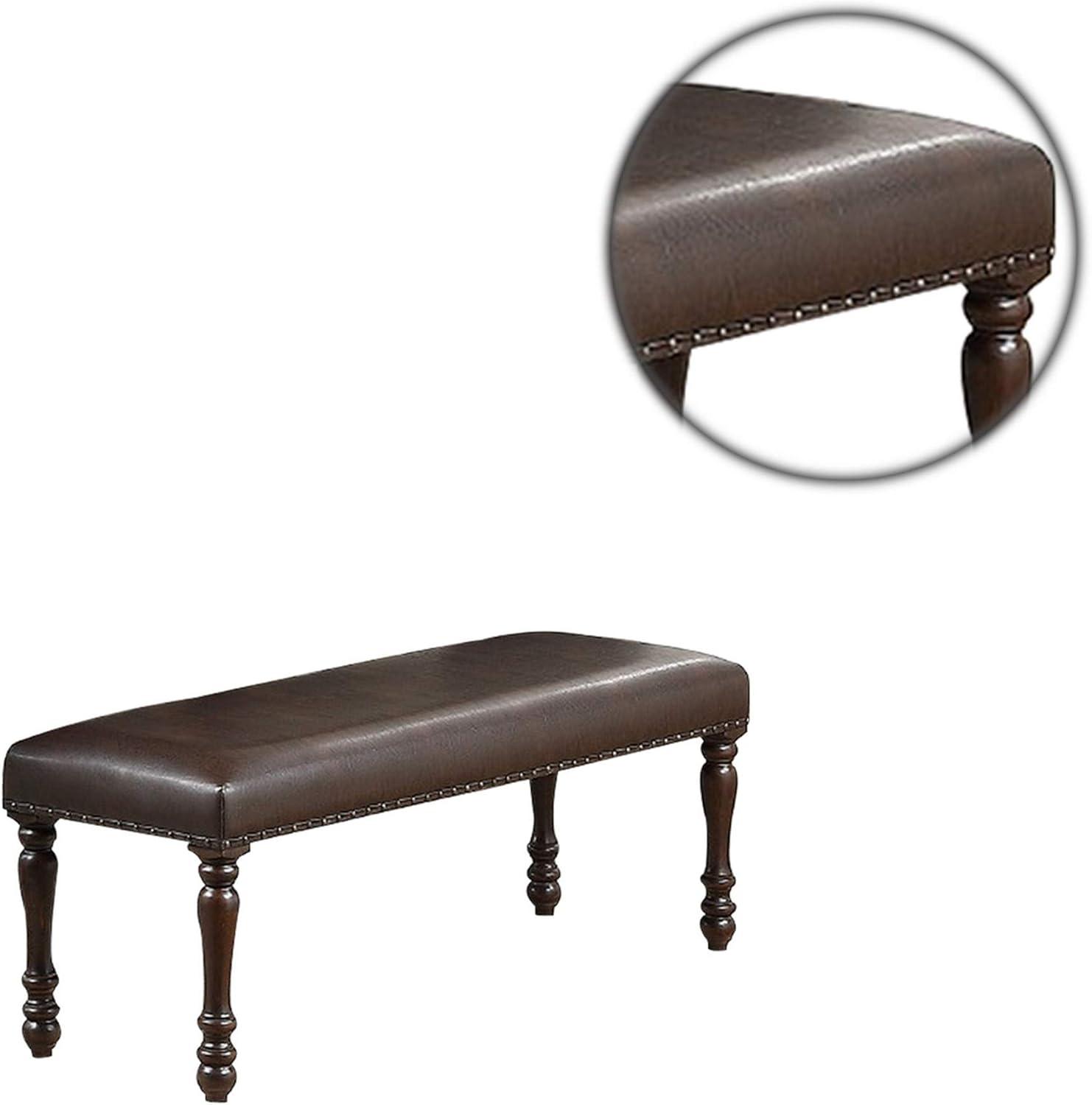 Nailhead Trim Faux Leather Dining Bench with Turned Legs Brown - Saltoro Sherpi