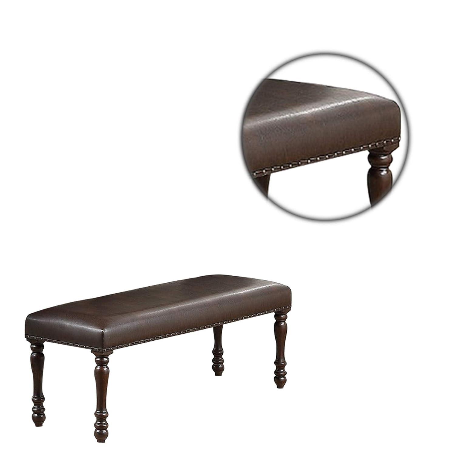 Nailhead Trim Faux Leather Dining Bench with Turned Legs Brown - Saltoro Sherpi