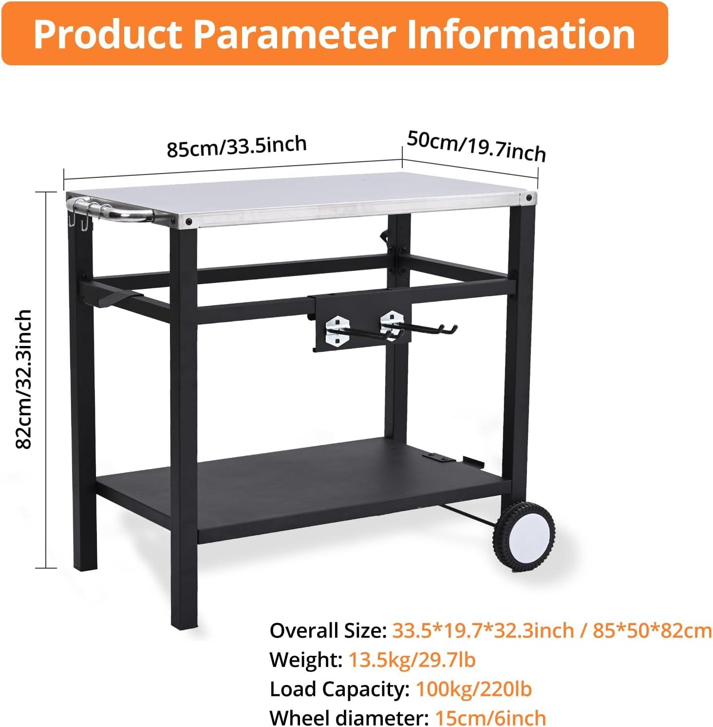 Outvita Outdoor Grill Cart, Movable Food Prep and Work Cart Table, Pizza Oven Stand Table with Wheels, Indoor & Outdoor Multifunctiona BBQ Cart with Mesh Racks for Home Party Camping