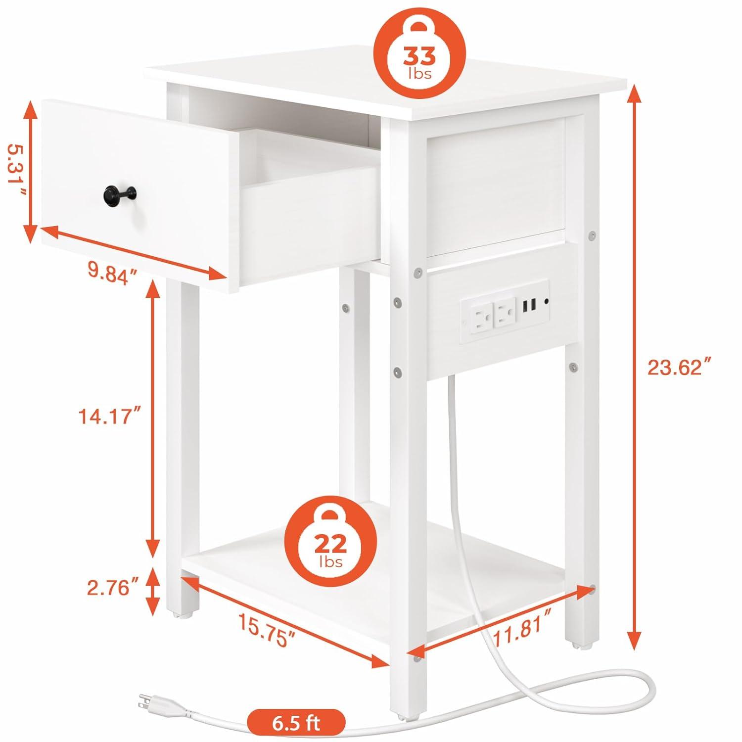 Yoobure Nightstand with Charging Station, Bedside Tables with Large Drawer and Storage Shelf, Bed Side Table/Night Stand with USB Ports & Outlets, Industrial Side Table End Table for Bedroom, White