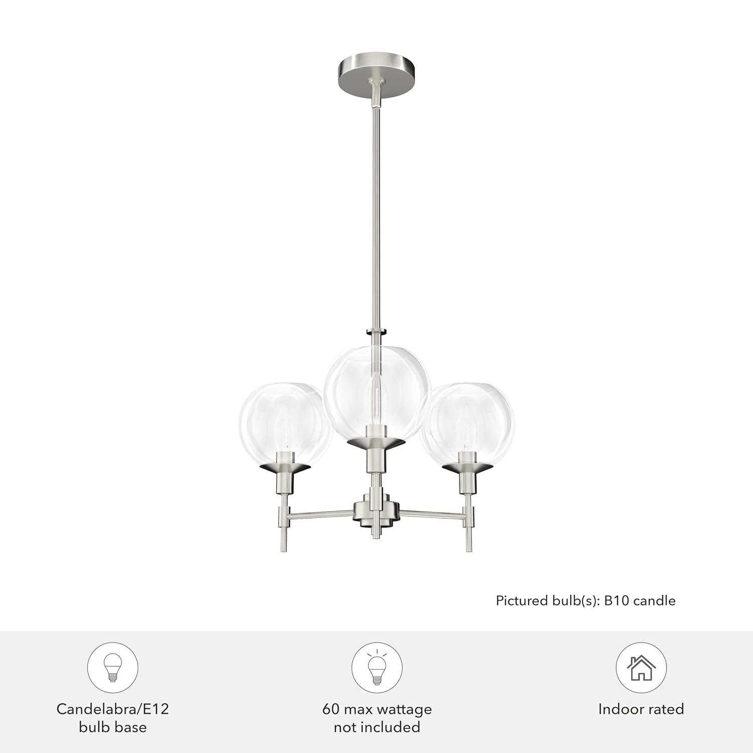 Hunter - Xidane 3-light Brushed Nickel, Medium Size Chandelier, Dimmable, Mid Century Modern Style, Candle Shaped, for Bedrooms, Kitchens, Dining, Living Rooms - 19740