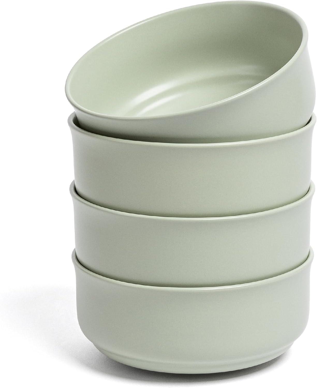 Sage Green Stoneware 26oz Microwave Safe Cereal Bowls, Set of 4