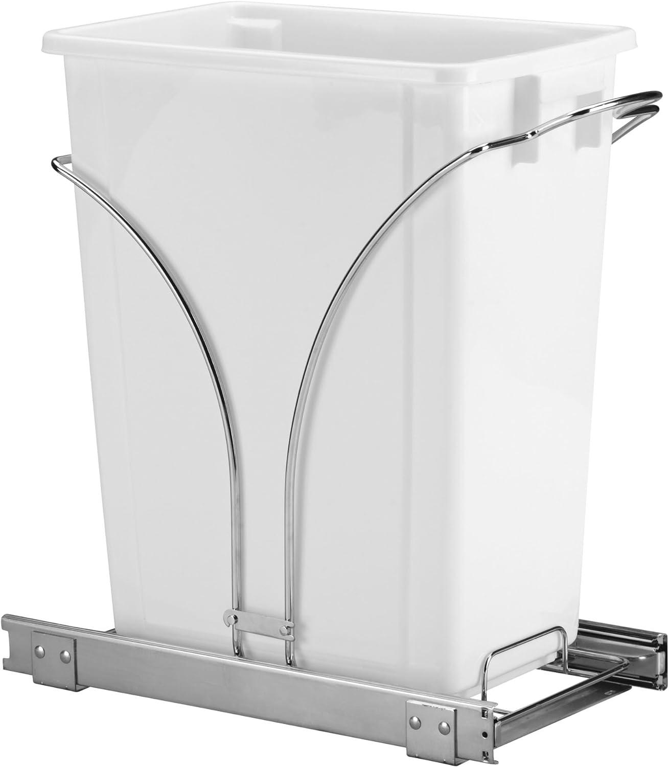 Household Essentials Glidez Chrome-Plated Steel Pull-Out/Slide-Out Discreet Single 9 Gallon Plastic Trash Can for Under Cabinet Use - Fits Standard Size Cabinet, Chrome and White