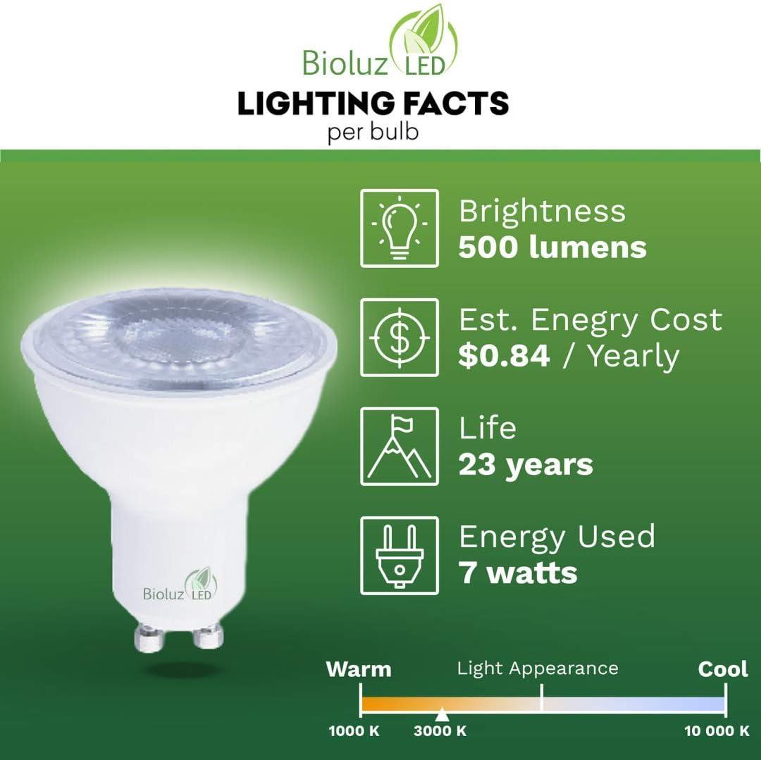 Bioluz LED 6 Pack GU10 LED Bulbs Dimmable 3000K Indoor Outdoor 50 Watt Halogen Bulb Replacement 500 Lumen UL Listed