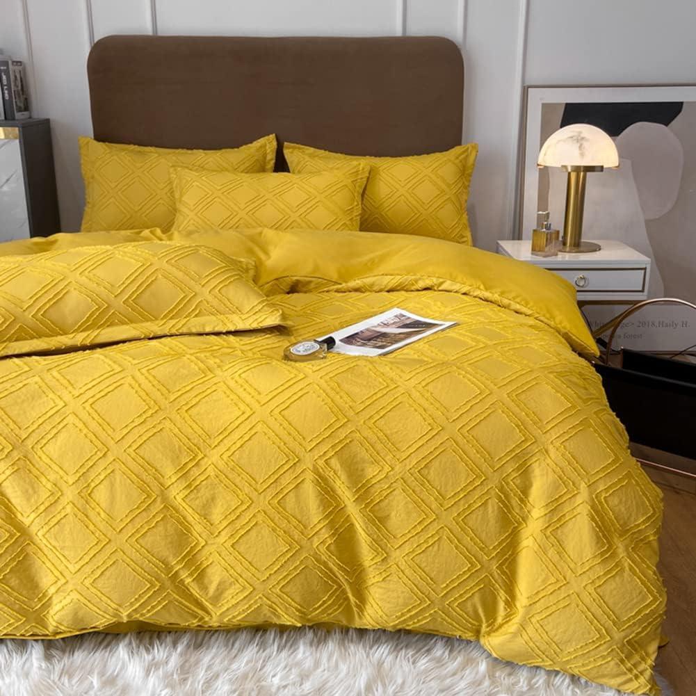 MorroMorn 5 PCS Boho Bedding Sets, Textured Duvet Cover Set, Tufted Comforter Covers, Diamond Jacquard Soft Breathable Neutral for Man Woman Bed Bedroom All Seasons (Yellow, Full/Queen)