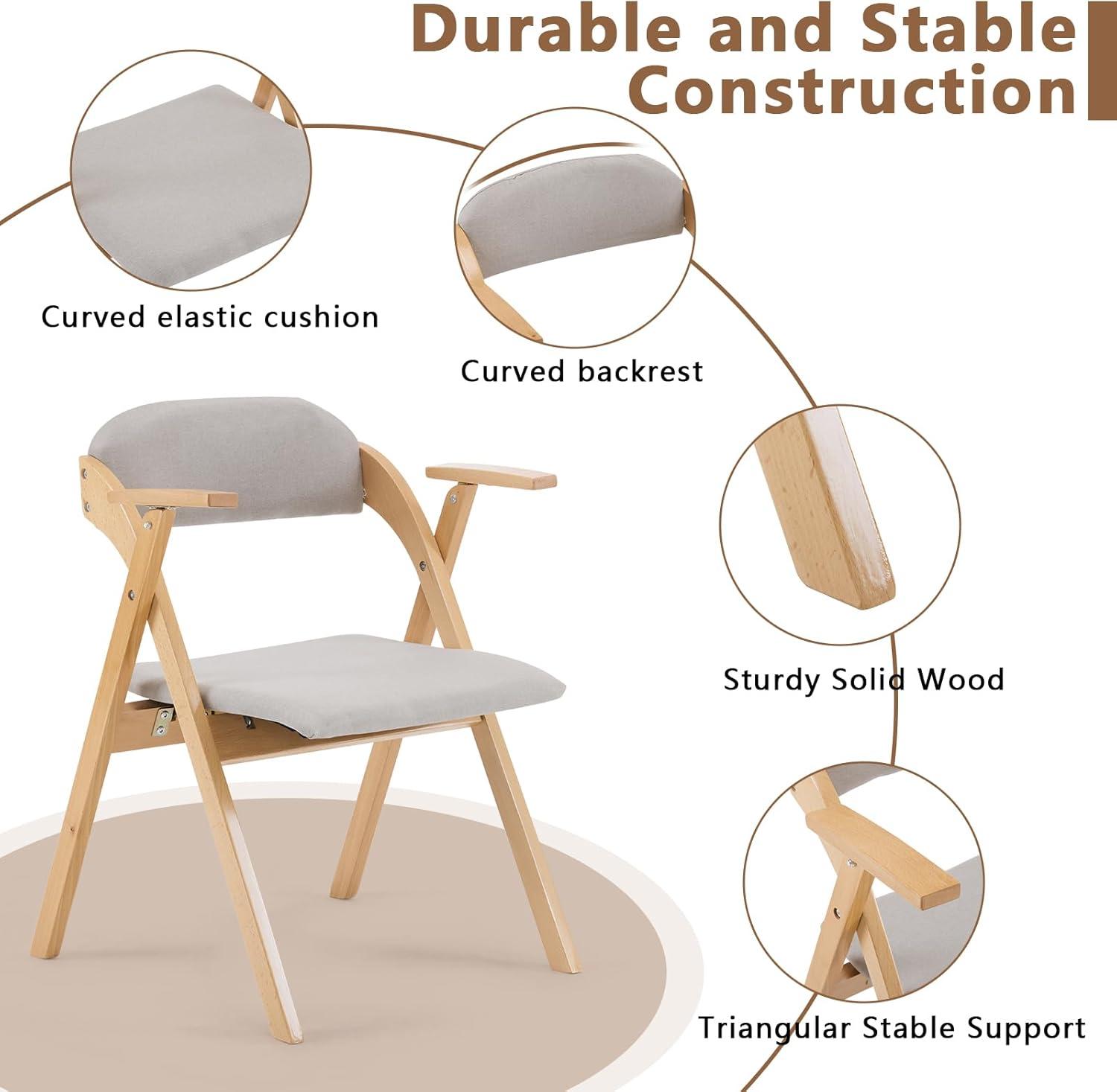 IVV Set of 2 Wooden Folding Chairs with Padded Seats and Backrests, Beechwood Frame Portable Chairs with Light Gray PU Leather Cushion