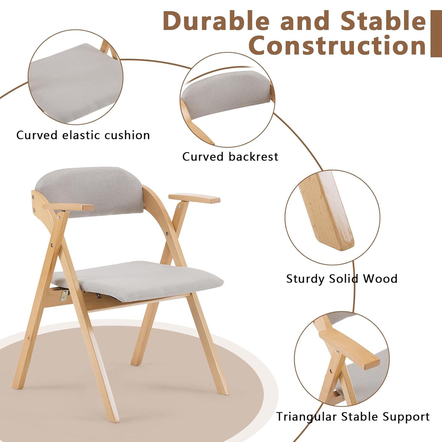 IVV Set of 2 Wooden Folding Chairs with Padded Seats and Backrests, Beechwood Frame Portable Chairs with Light Gray PU Leather Cushion