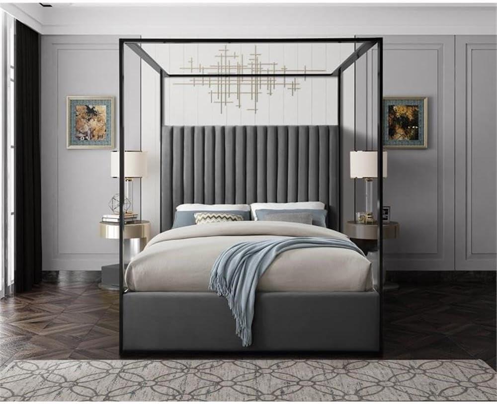 Meridian Furniture Jax Solid Wood and Velvet Queen Bed in Gray