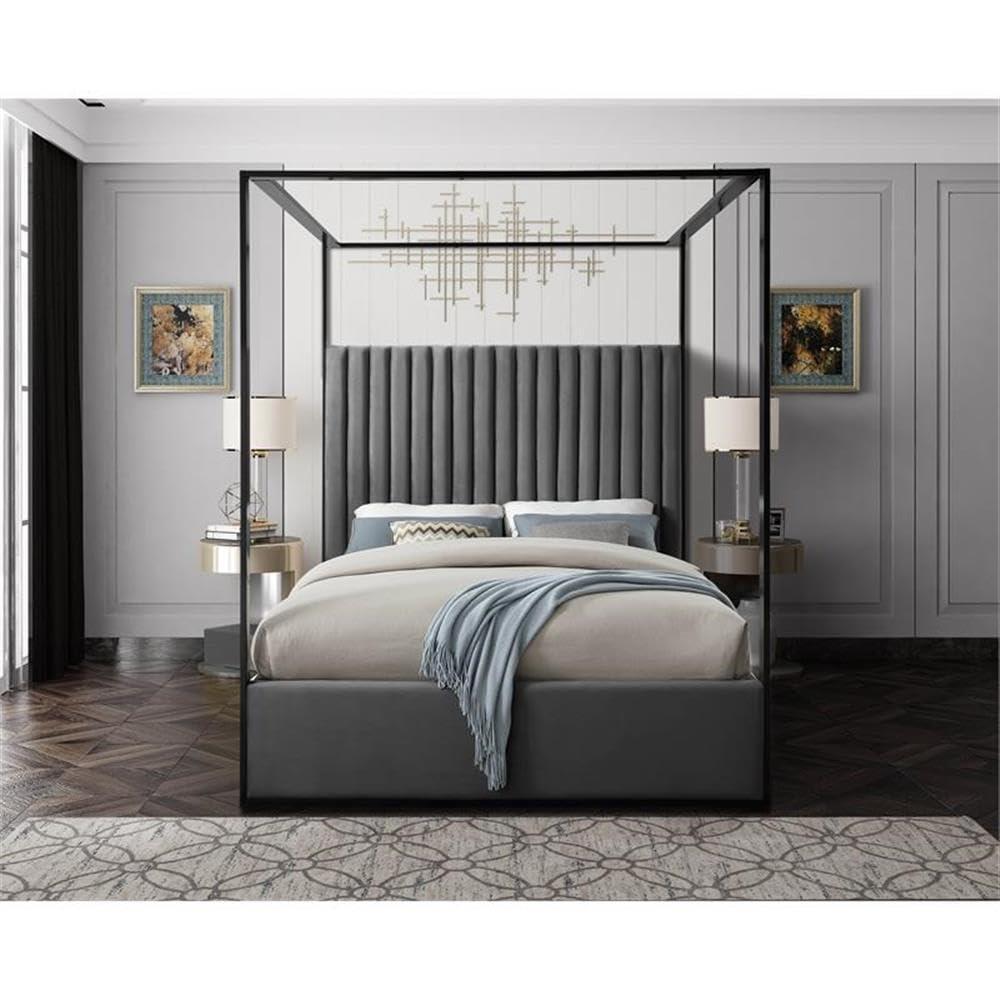 Meridian Furniture Jax Solid Wood and Velvet Queen Bed in Gray