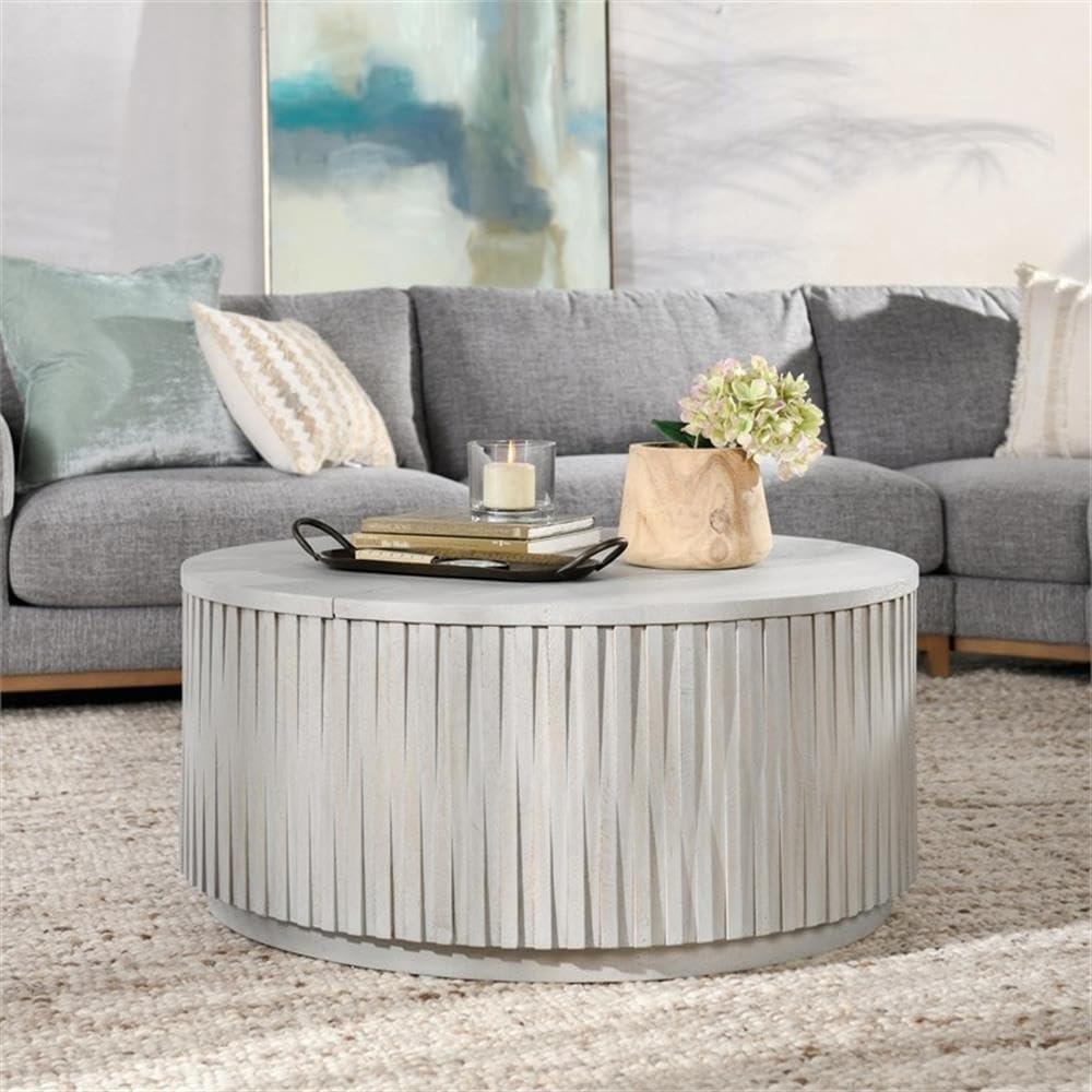 Sunbleached Gray Round Mango Wood Lift-Top Coffee Table with Storage