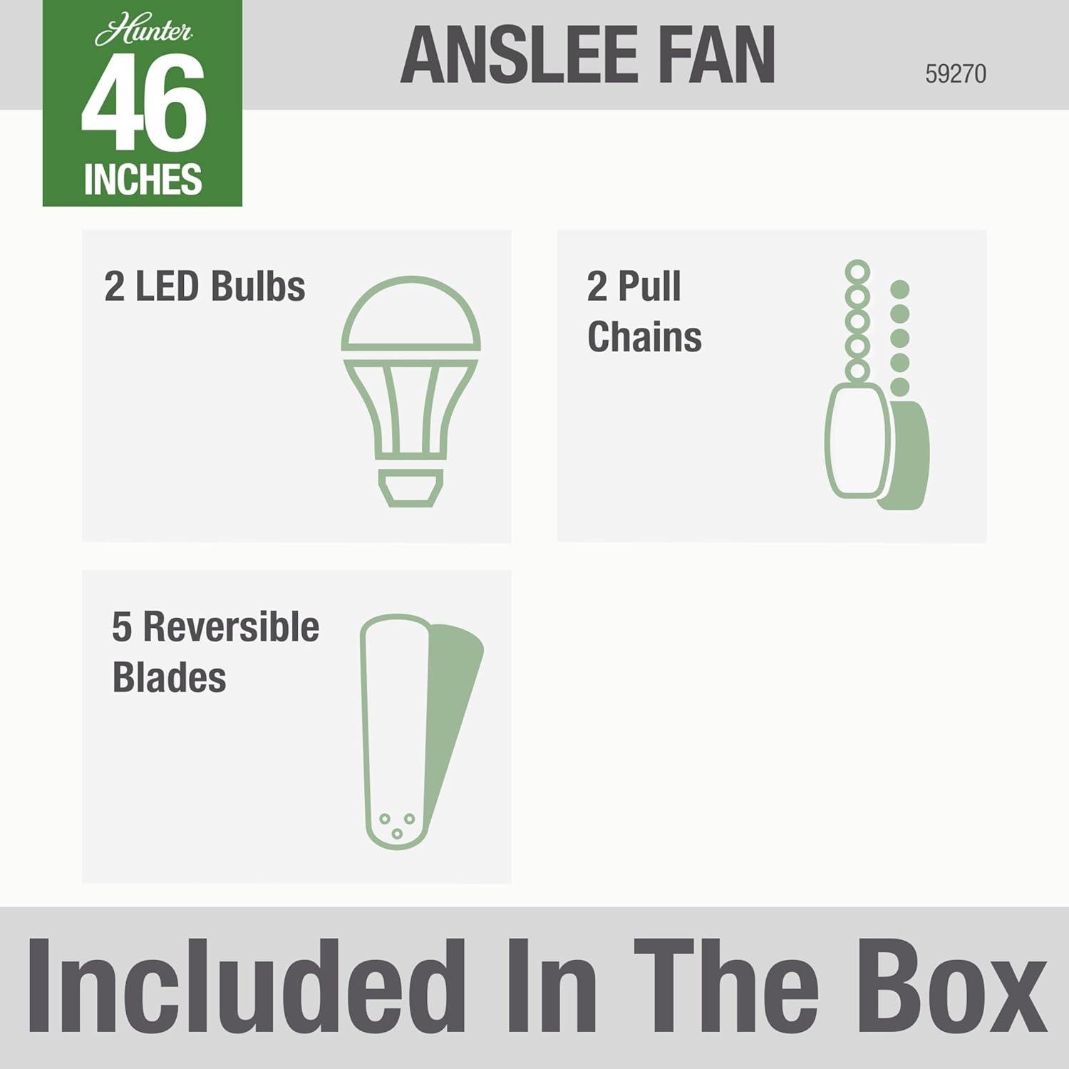 Hunter Fan 46" Anslee 5 - Blade LED Flush Mount Ceiling Fan with Pull Chain and Light Kit Included