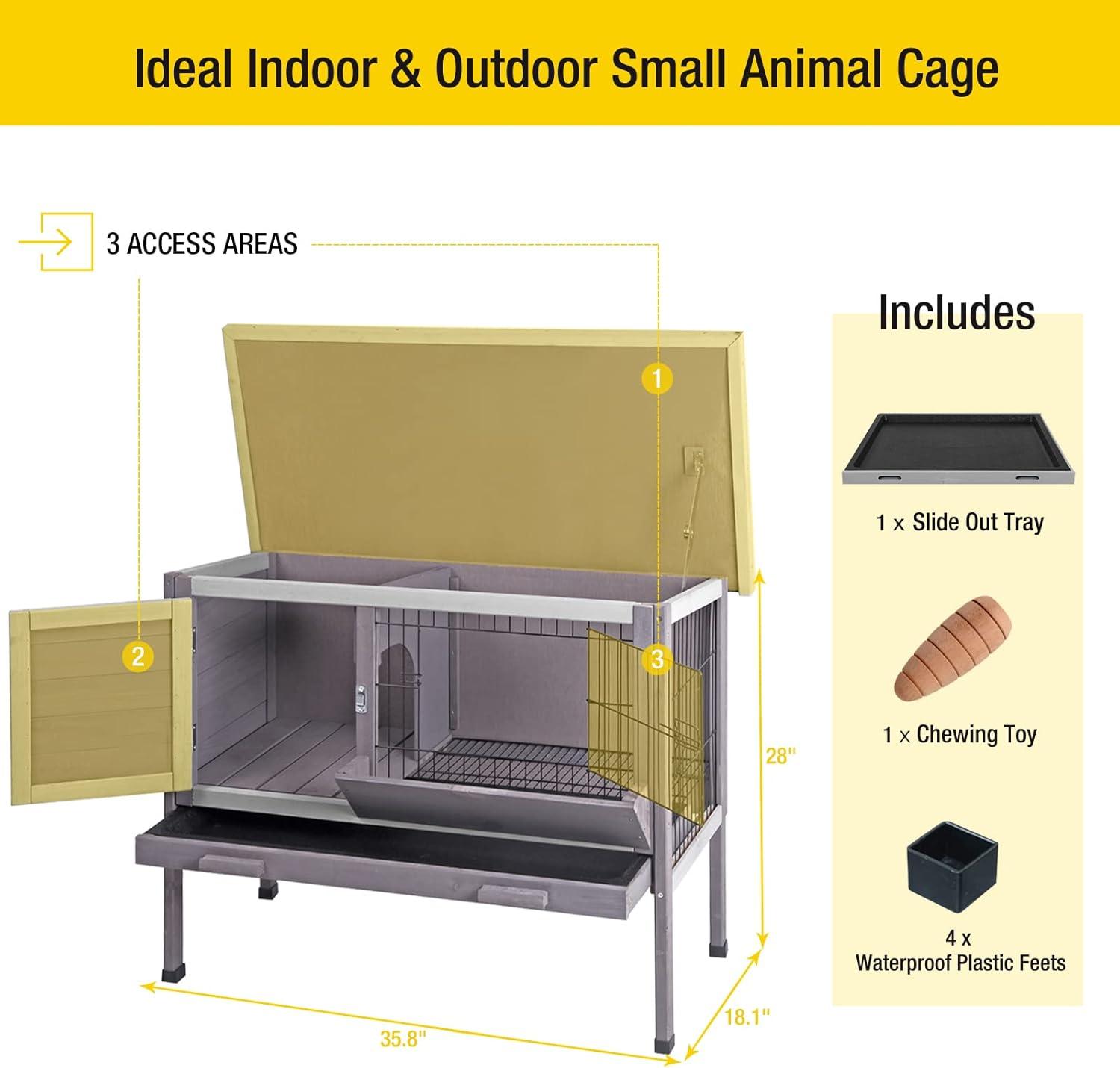 Gray Wooden Indoor Rabbit Hutch with Metal Wire Pan