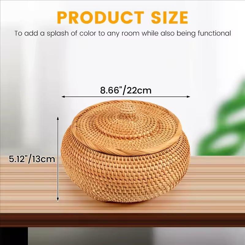 Round Rattan Boxes with Lid Hand-Woven Multi-Purpose Wicker Tray 8.6Inch Picnic Food Bread Table Storage Basket (22x13cm)