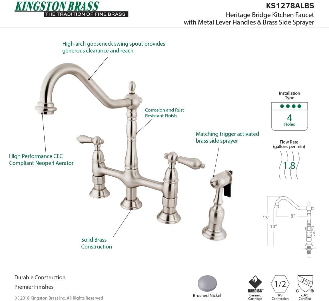 Kingston Brass Heritage Two-Handle 4-Hole Deck Mount Bridge Kitchen Faucet with Brass Side Sprayer