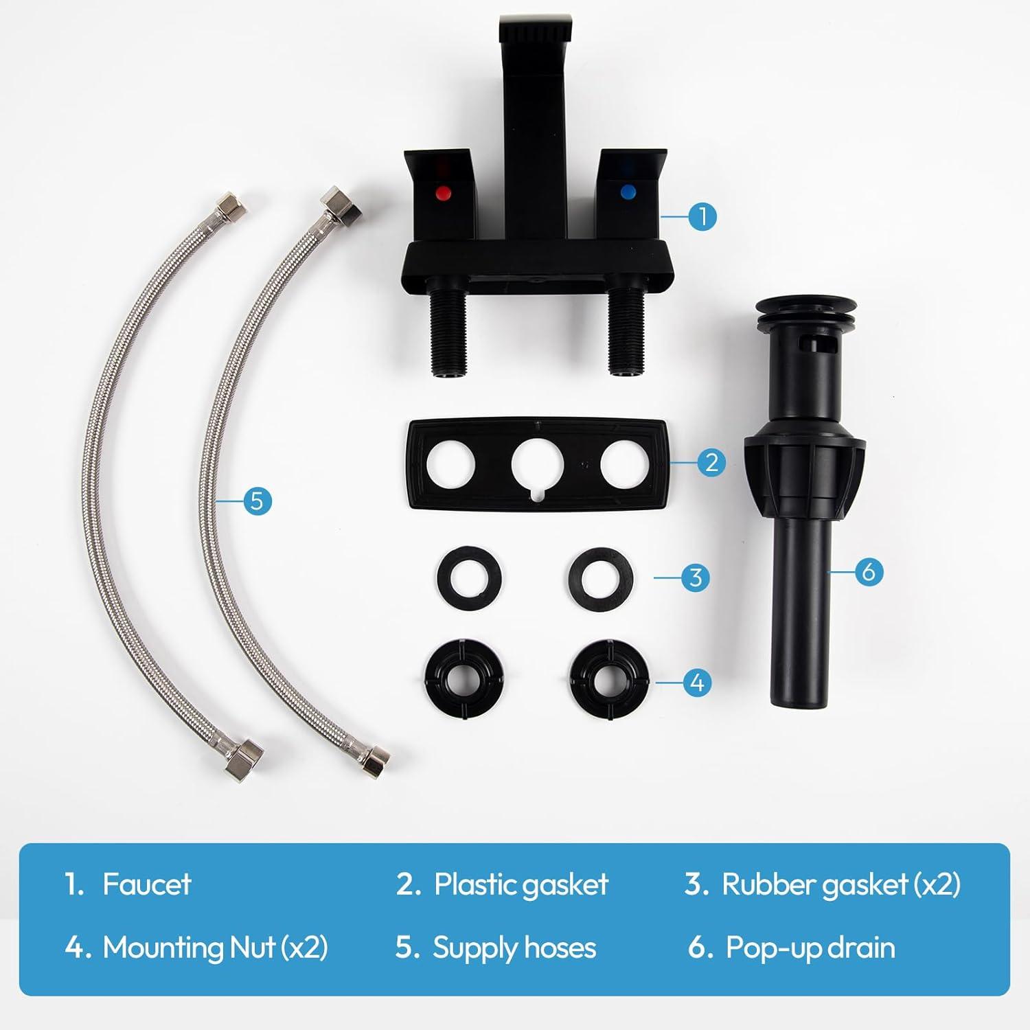 Matt Black Bathroom Sink Faucet 4 inch Bathroom Faucets for Sink 2-Handle Faucet with Pop-up Drain Vanity Faucet Modern