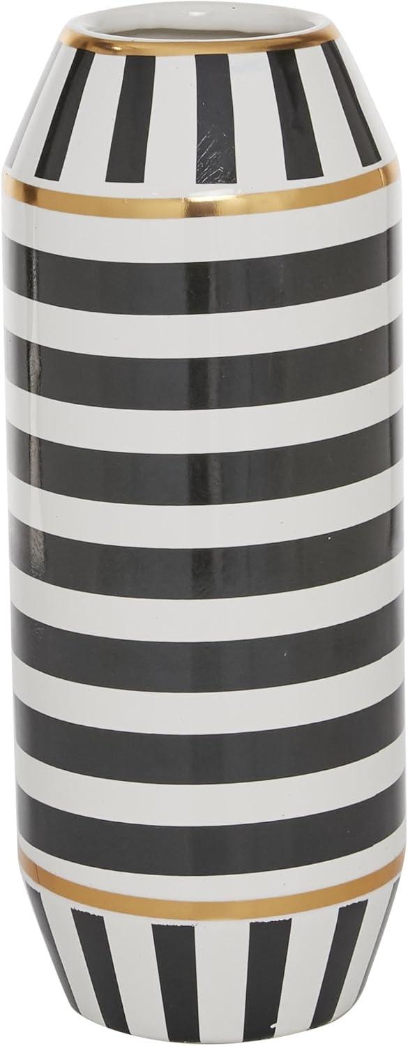 DecMode 16" Striped Black Ceramic Vase with Gold Accents