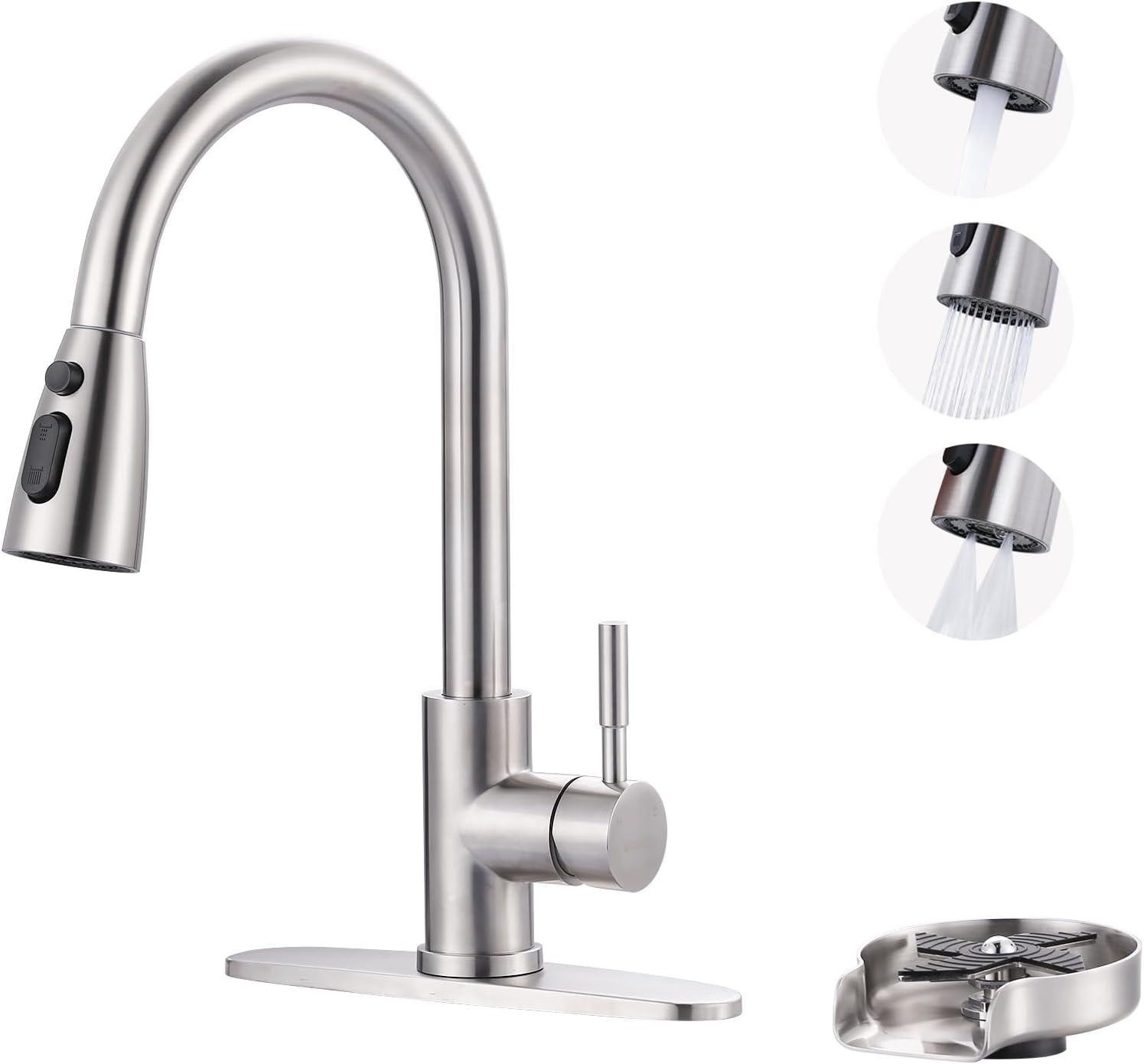 WOWOW Kitchen Faucet with Sprayer, Kitchen Sink Faucet, SUS 304 Stainless Steel, High Arc Single Handle Brushed Nickel Kitchen Faucets with Pull Down Sprayer, Pull Out Kitchen Faucet with Deck Plate