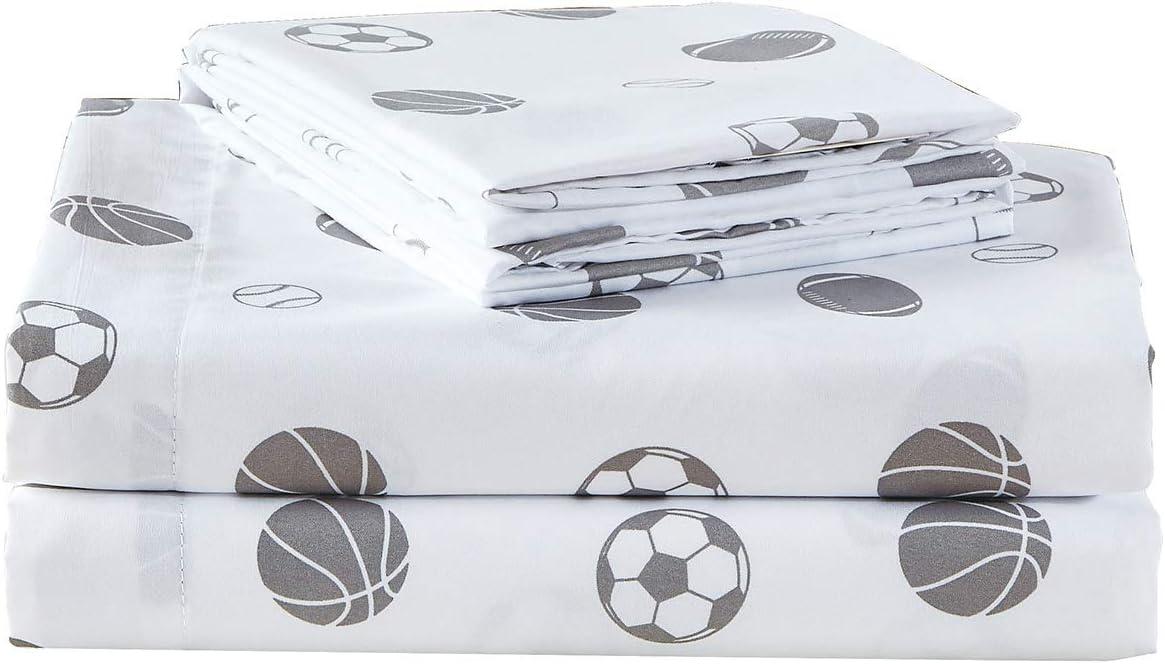 Twin White and Gray Sports Print Microfiber Sheet Set