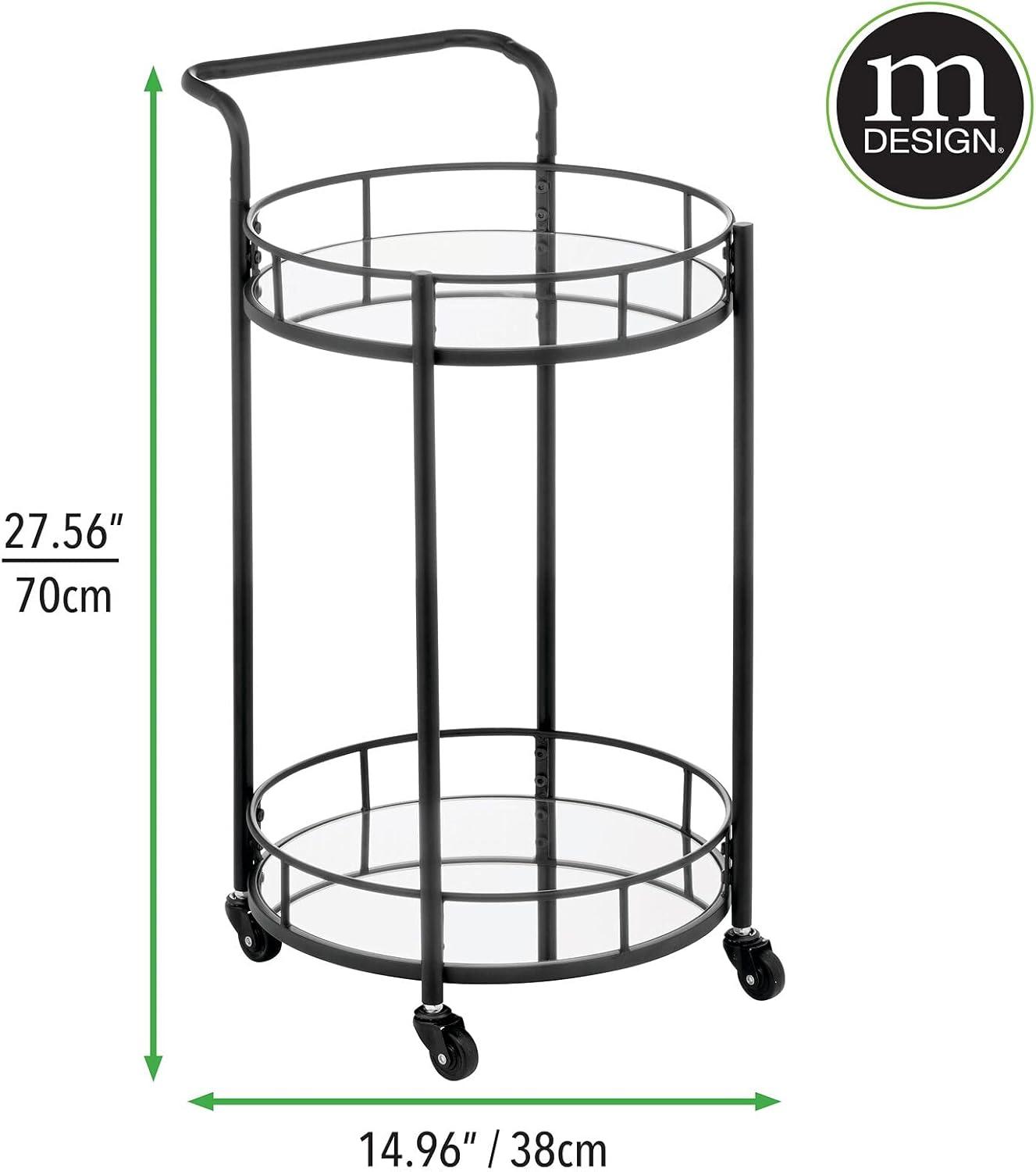 Black Round Metal Rolling Bar Cart with Glass Shelves