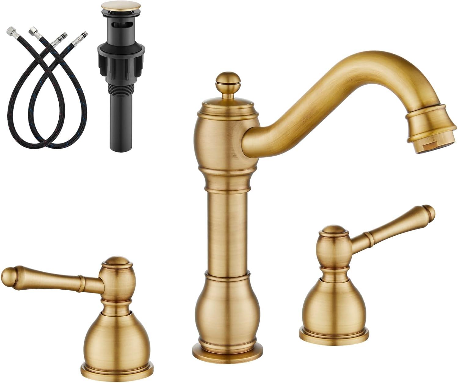 gotonovo Bathroom Faucet 3 Hole 8 Inch Widespread Bathroom Sink Faucet 2 Cross Handles Vintage Lavatory Vanity Mixer Tap with Pop Up Drain, H C Label, Antique Brass