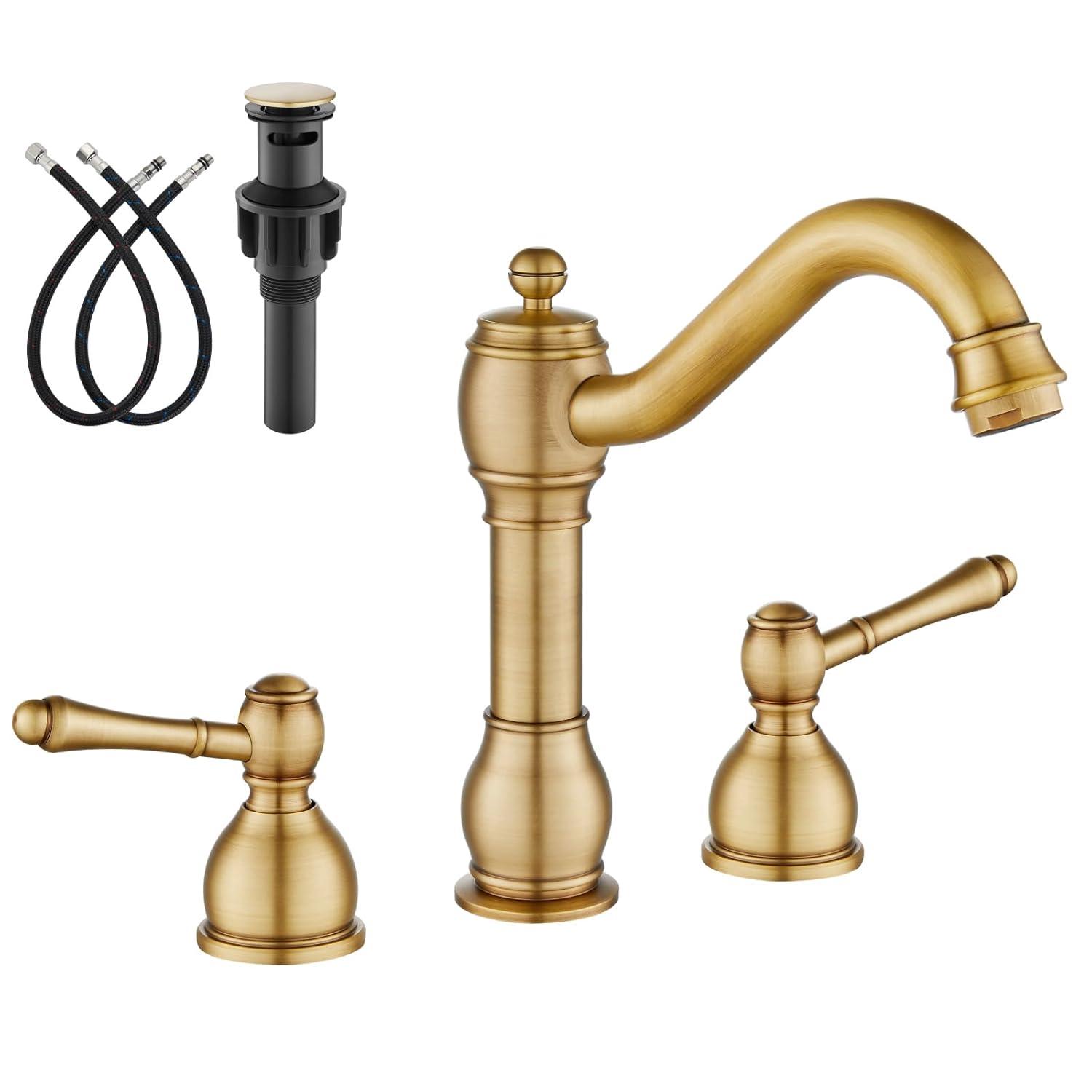 gotonovo Bathroom Faucet 3 Hole 8 Inch Widespread Bathroom Sink Faucet 2 Cross Handles Vintage Lavatory Vanity Mixer Tap with Pop Up Drain, H C Label, Antique Brass