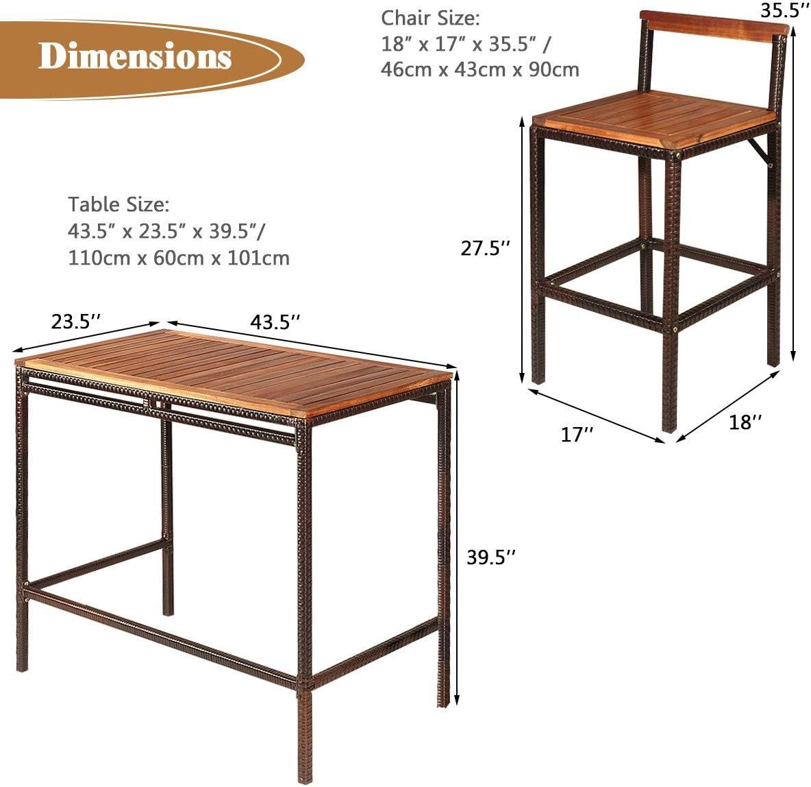 Brown Acacia Wood and Steel 3-Piece Patio Bar Set