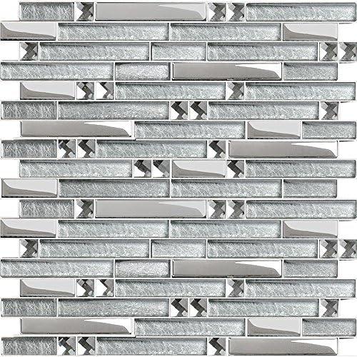 Silver Crystal Glass and Chrome Linear Mosaic Tile