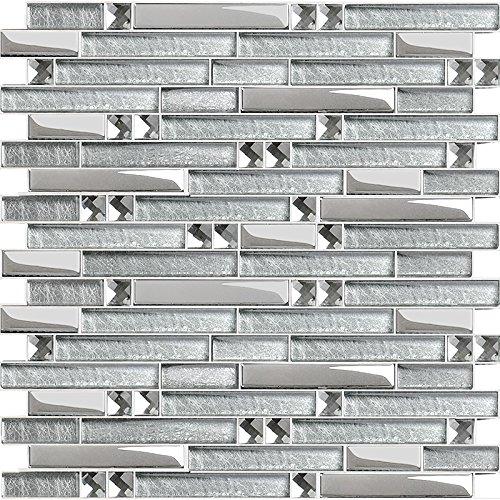 Metallic Glass Tile Linear Mosaic Sparkle Silver Crystal Glass Chrome Stain Resistant for Kitchen Backsplash Bathroom & Shower Wall Tiles (3"x12" Sample)
