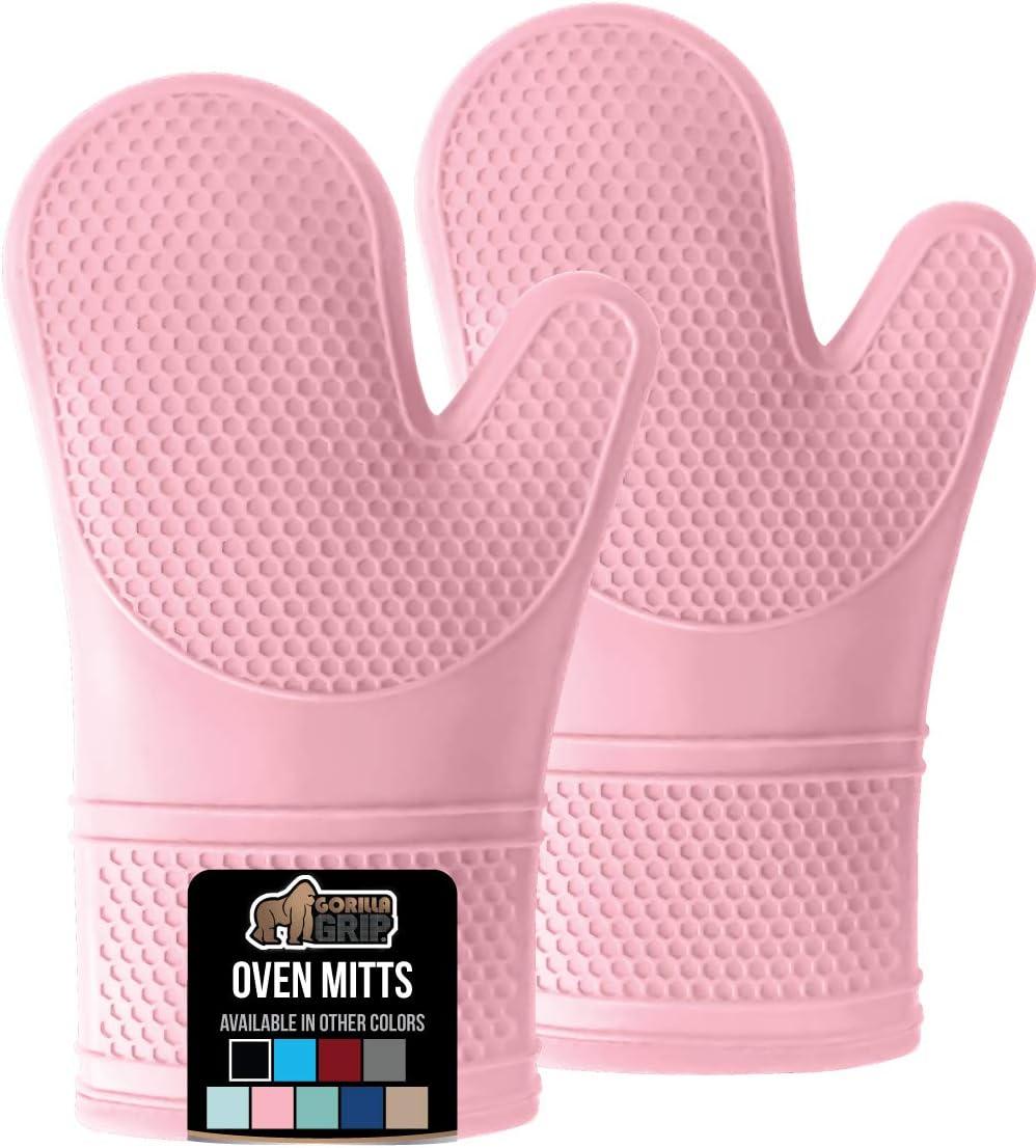 Pink 12.5" Silicone Heat-Resistant Oven Mitts with Cotton Lining