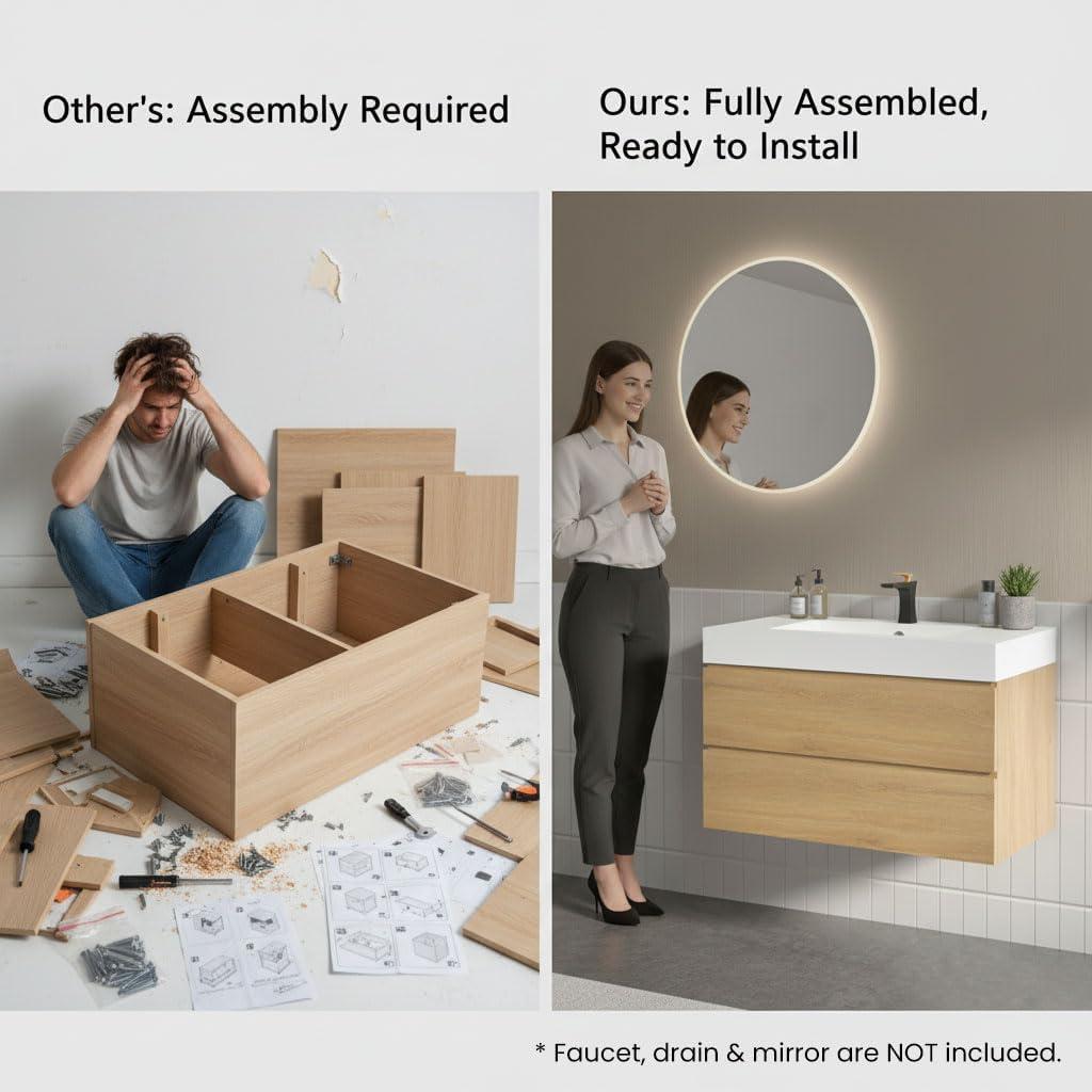 Little Tulip 36 inch Floating Bathroom Vanity with Sink, Modern Bathroom Cabinet inch Natural Oak