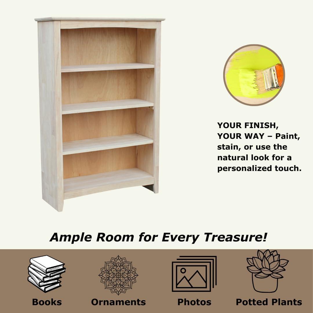 48" Shaker Bookshelf Unfinished - International Concepts: Solid Parawood, 4-Shelf Storage