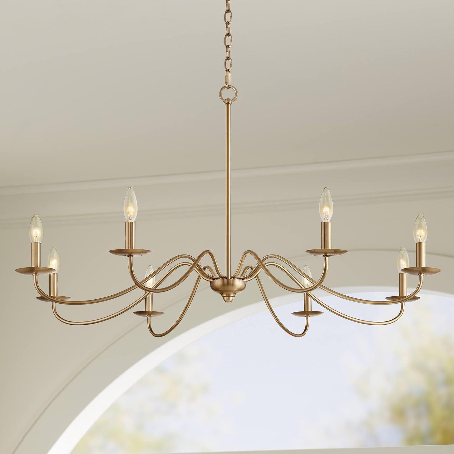 Franklin Iron Works Soft Gold Chandelier 42" Wide Farmhouse Rustic Bent Arms 8-Light Fixture for Dining Room Living House Home Foyer Kitchen Island