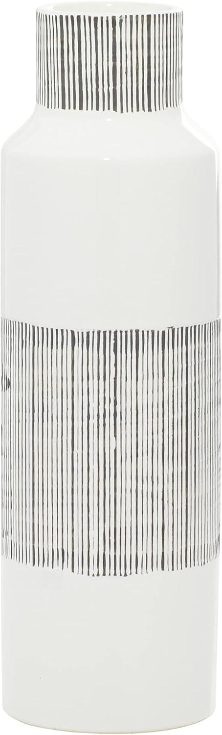 18" Glossy White Ceramic Cylinder Vase with Grey Stripes