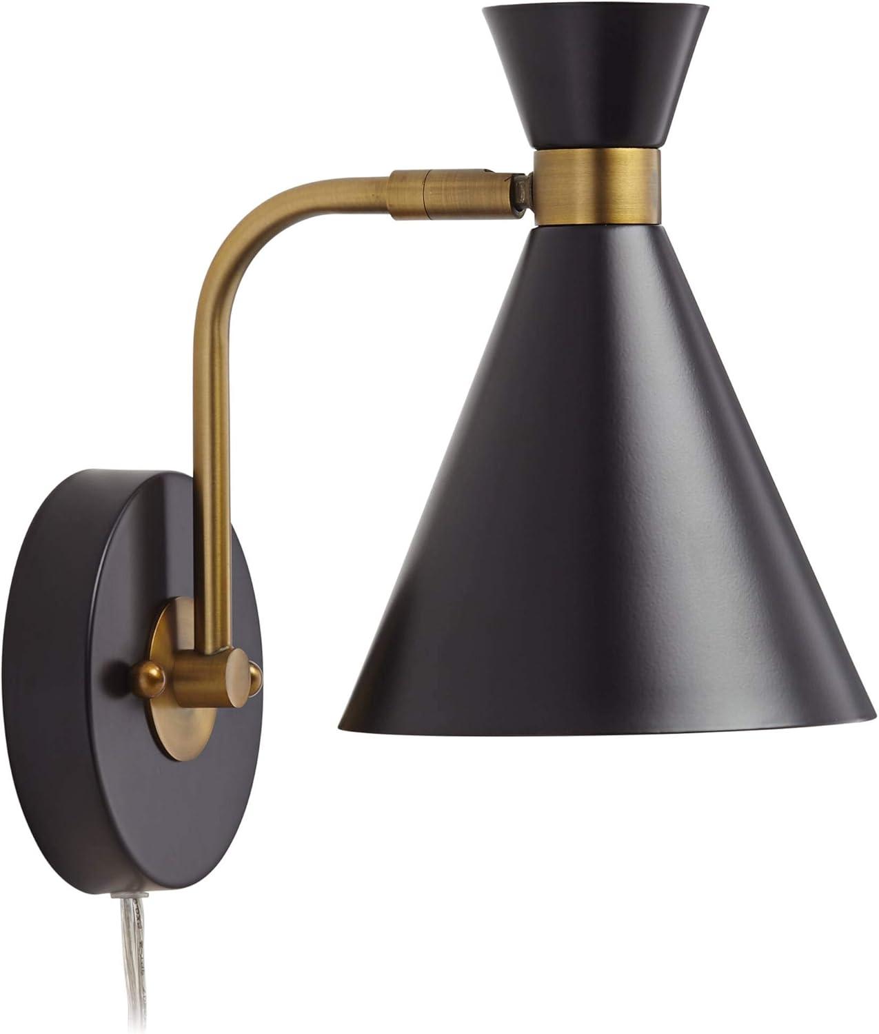 360 Lighting Venice Mid Century Modern Wall Lamp Matte Black Brass Plug-in 6 1/4" Light Fixture Adjustable Metal Cone Shade for Bedroom Living Room