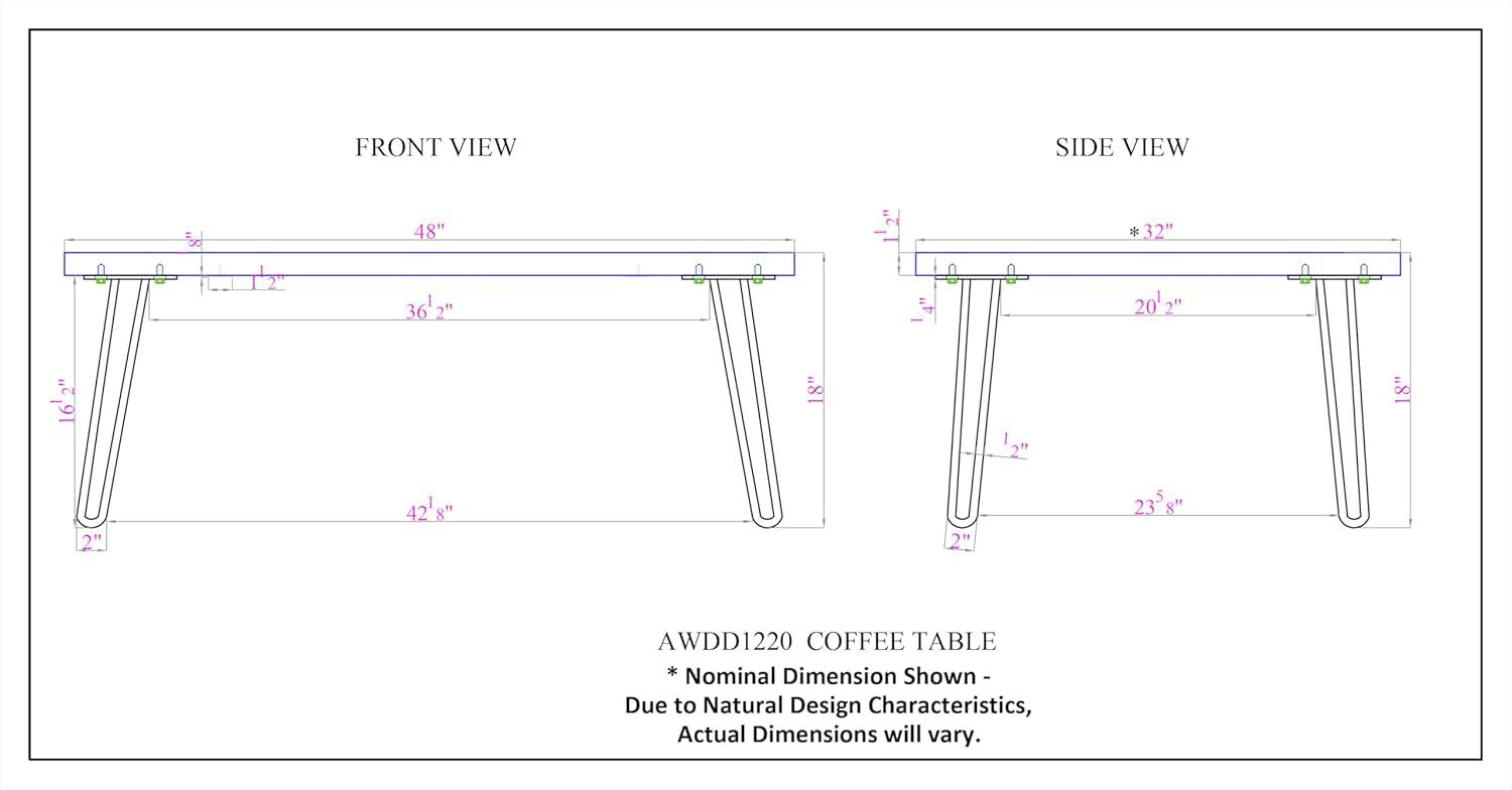 Alaterre Furniture 48" Hairpin Natural Brown Live Edge Large Coffee Table: Acacia Wood, Nylon Floor Protectors