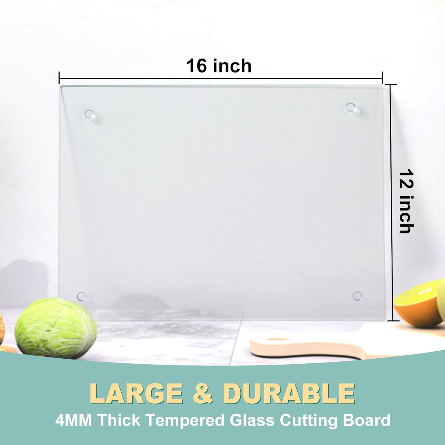 Tempered Glass Cutting Board for Kitchen, Clear Glass Board for Countertop, Heat Resistant, with Non-Slip Feet, 12x16" & 12x8" 2 Pcs Clear