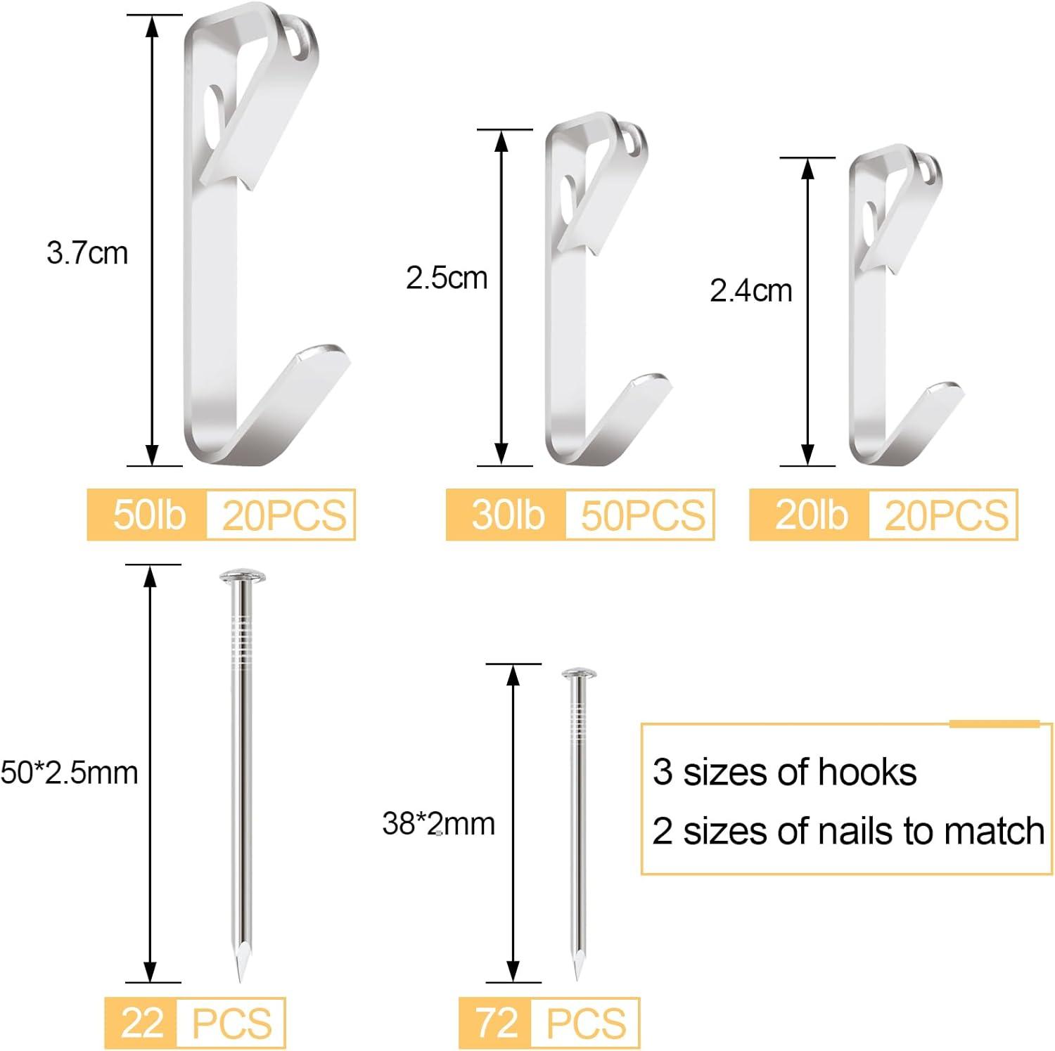 Shinysix Hanging Hook,20lb/30lb/50lb Heavy Duty Heavy Duty Picture Kit 20lb/30lb/50lb Heavy Mirror Decoration Silver Canvas Mirror Decoration Duty Picture Nails 184PCS Picture Kit Frame Canvas Mirror