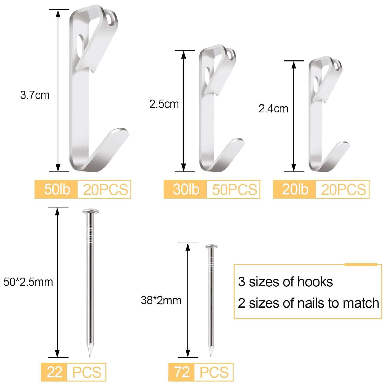 Shinysix Hanging Hook,20lb/30lb/50lb Heavy Duty Heavy Duty Picture Kit 20lb/30lb/50lb Heavy Mirror Decoration Silver Canvas Mirror Decoration Duty Picture Nails 184PCS Picture Kit Frame Canvas Mirror