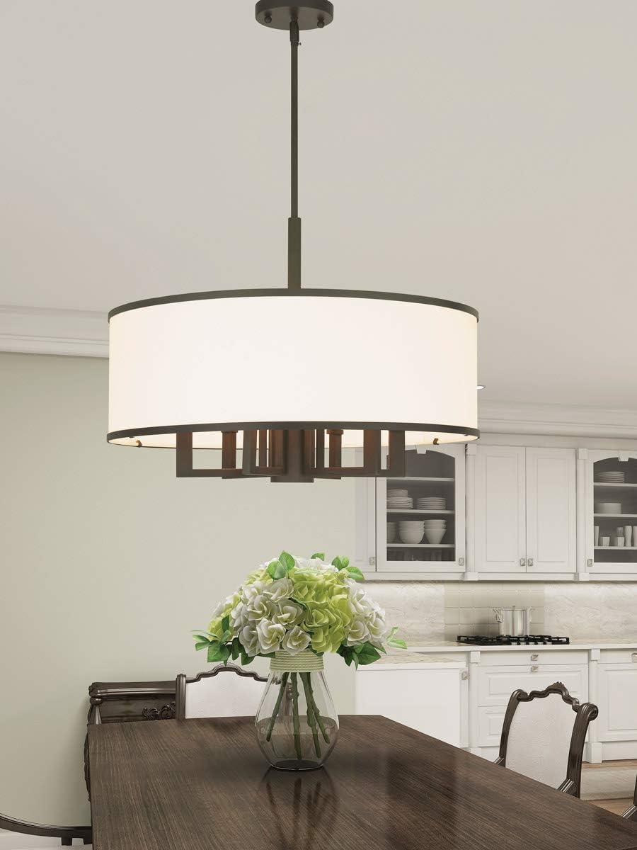 Elegant Off-White Fabric and Bronze Finish Drum Pendant Chandelier